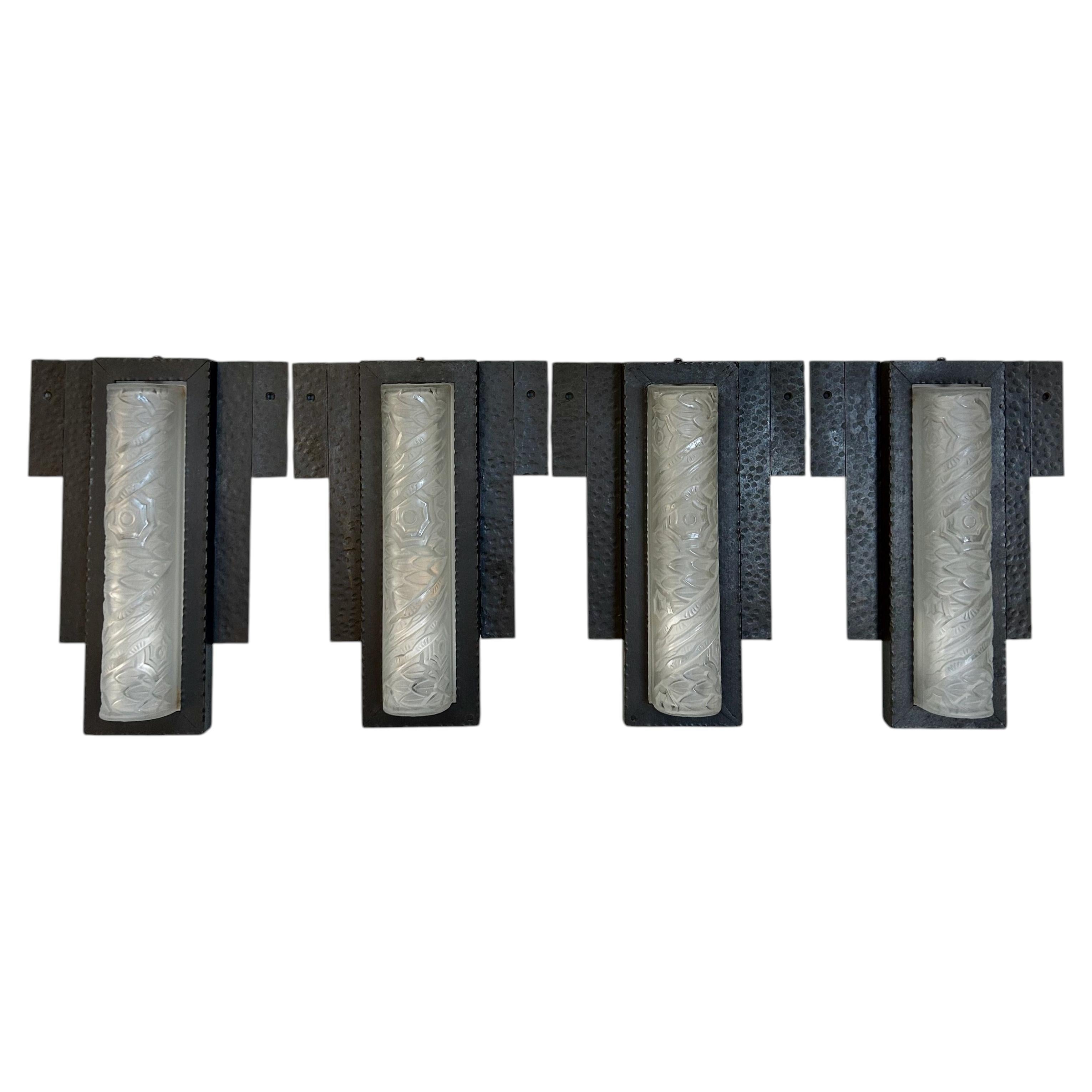 Set of 4 Art Deco Wall Lights Signed Schneider For Sale