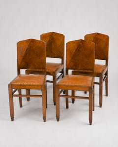Set di 4 sedie da pranzo Art Deco in noce con rivestimento in pelle