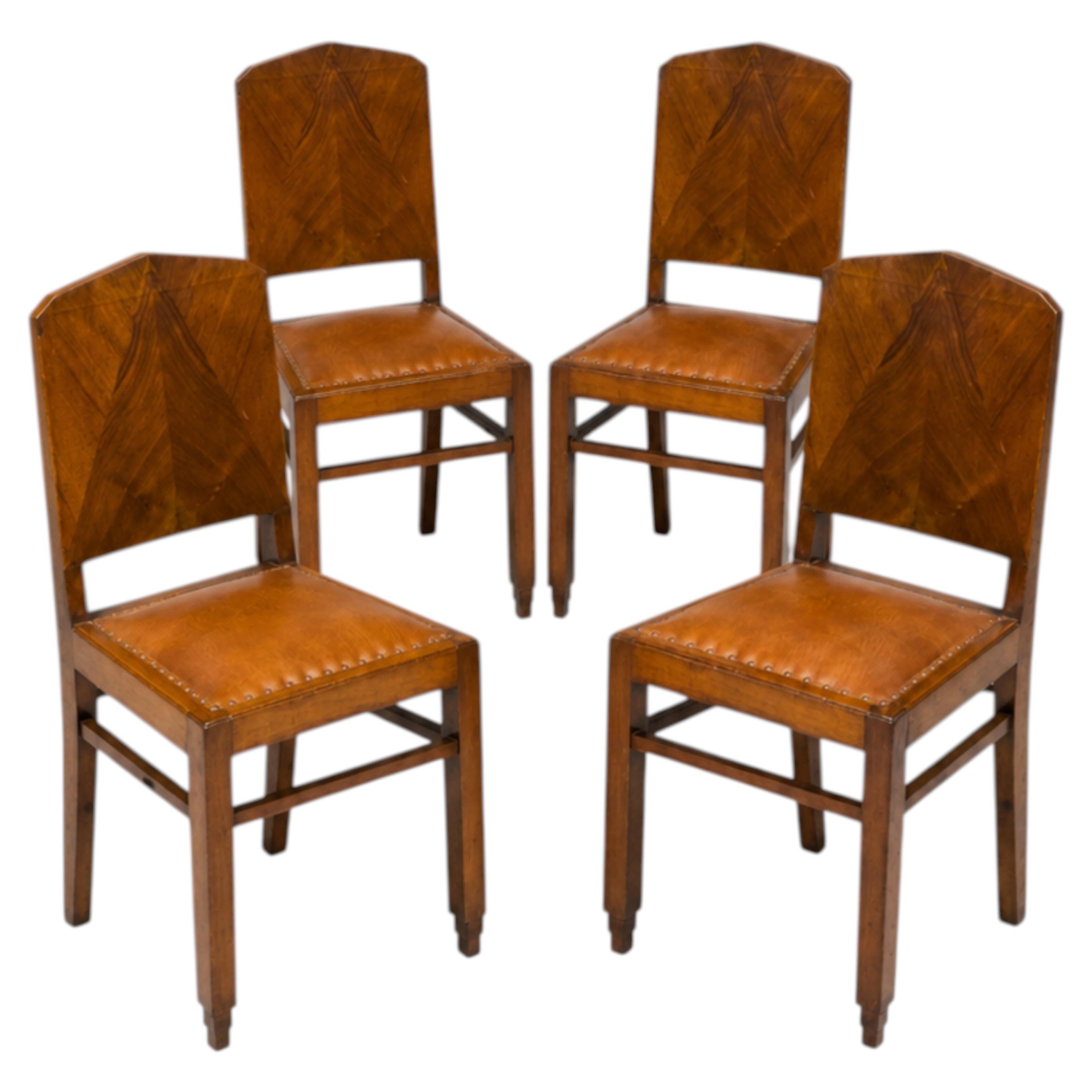 Set of 4 Art Deco Walnut Dining Chairs with Leather Upholstery For Sale