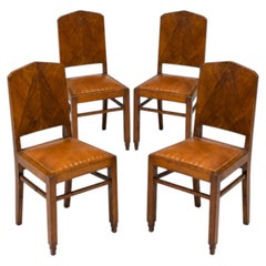 Set di 4 sedie da pranzo Art Deco in noce con rivestimento in pelle