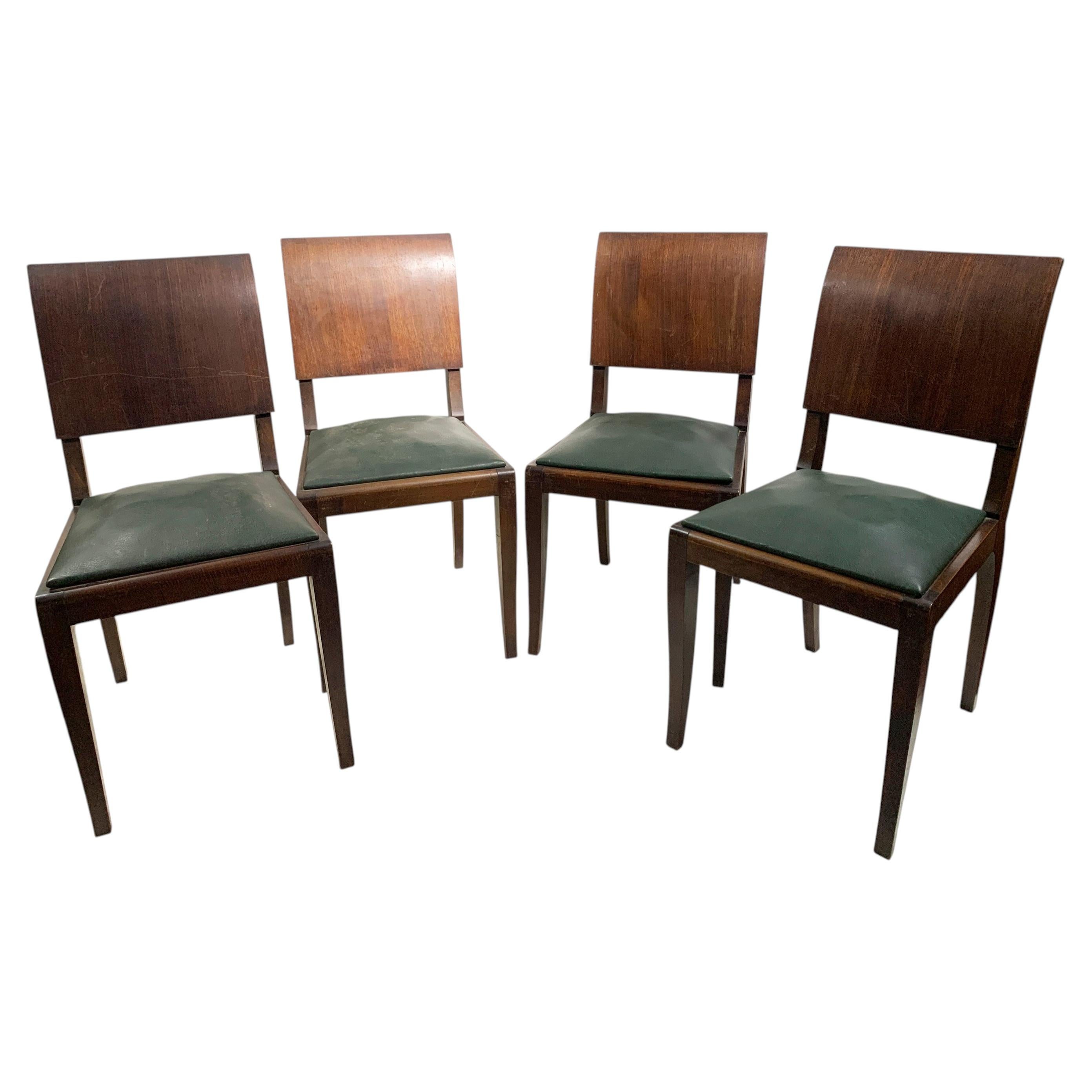 Set of 4 Art Deco Wooden Dining Chairs with Dark Green Leather Seats, 1930's