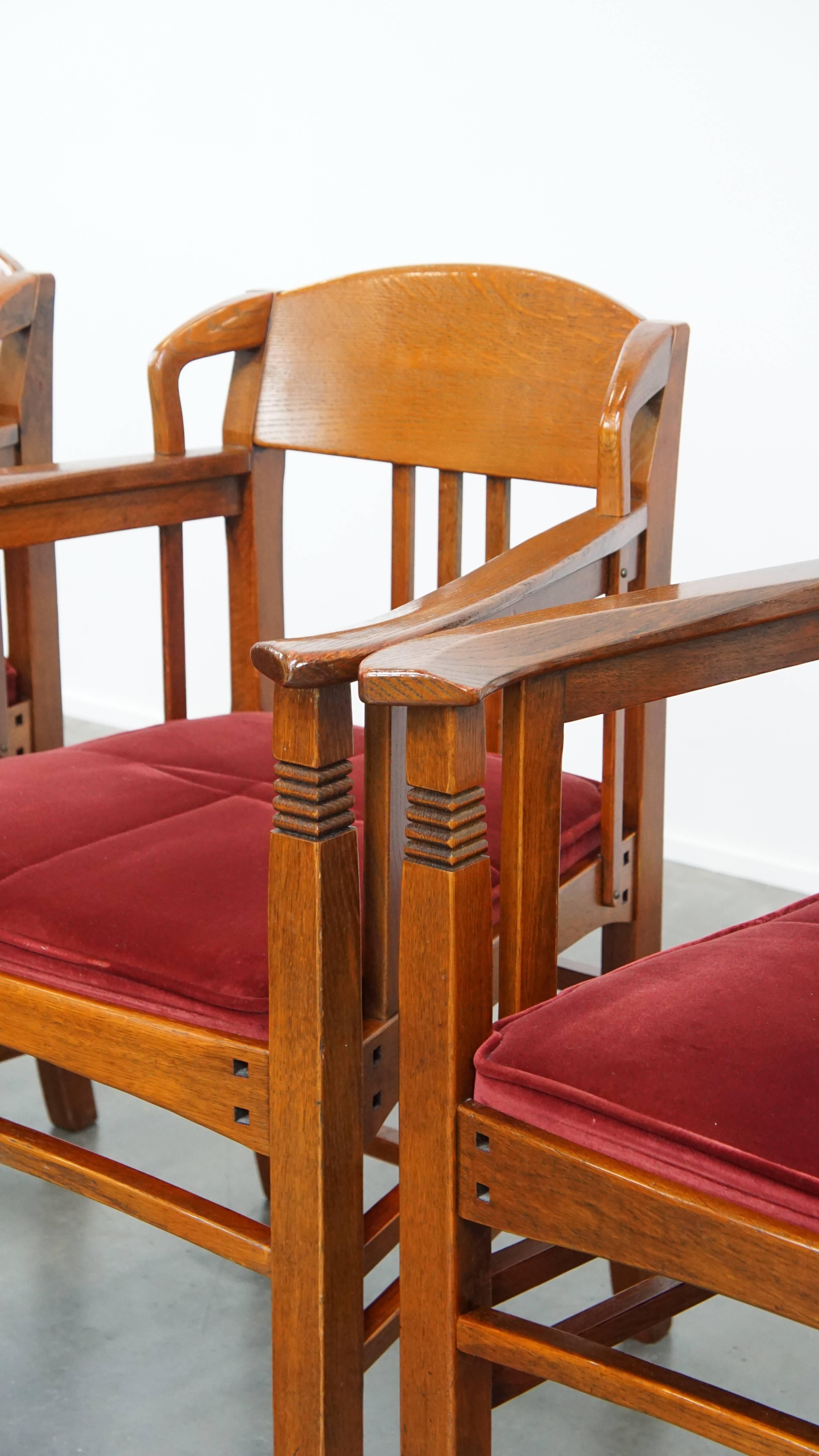 Ensemble de 4 chaises de salle à manger Art Nouveau / Jugendstil avec tapisserie rouge en vente 9