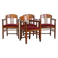 Ensemble de 4 chaises de salle à manger Art Nouveau / Jugendstil avec tapisserie rouge