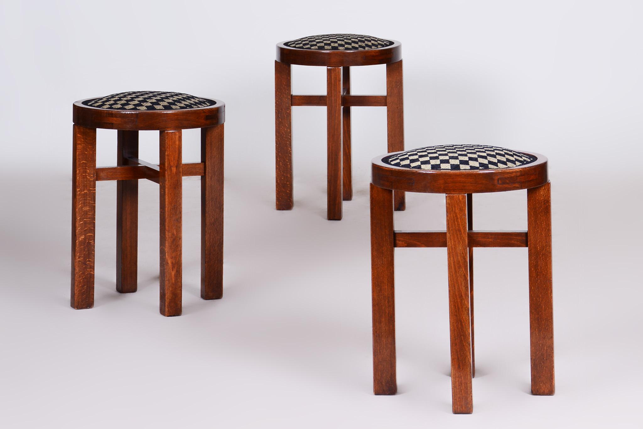 20th Century Set of 3 ArtDeco Foot Stools Made in´20s Czechia, New upholstery, Revived polish For Sale