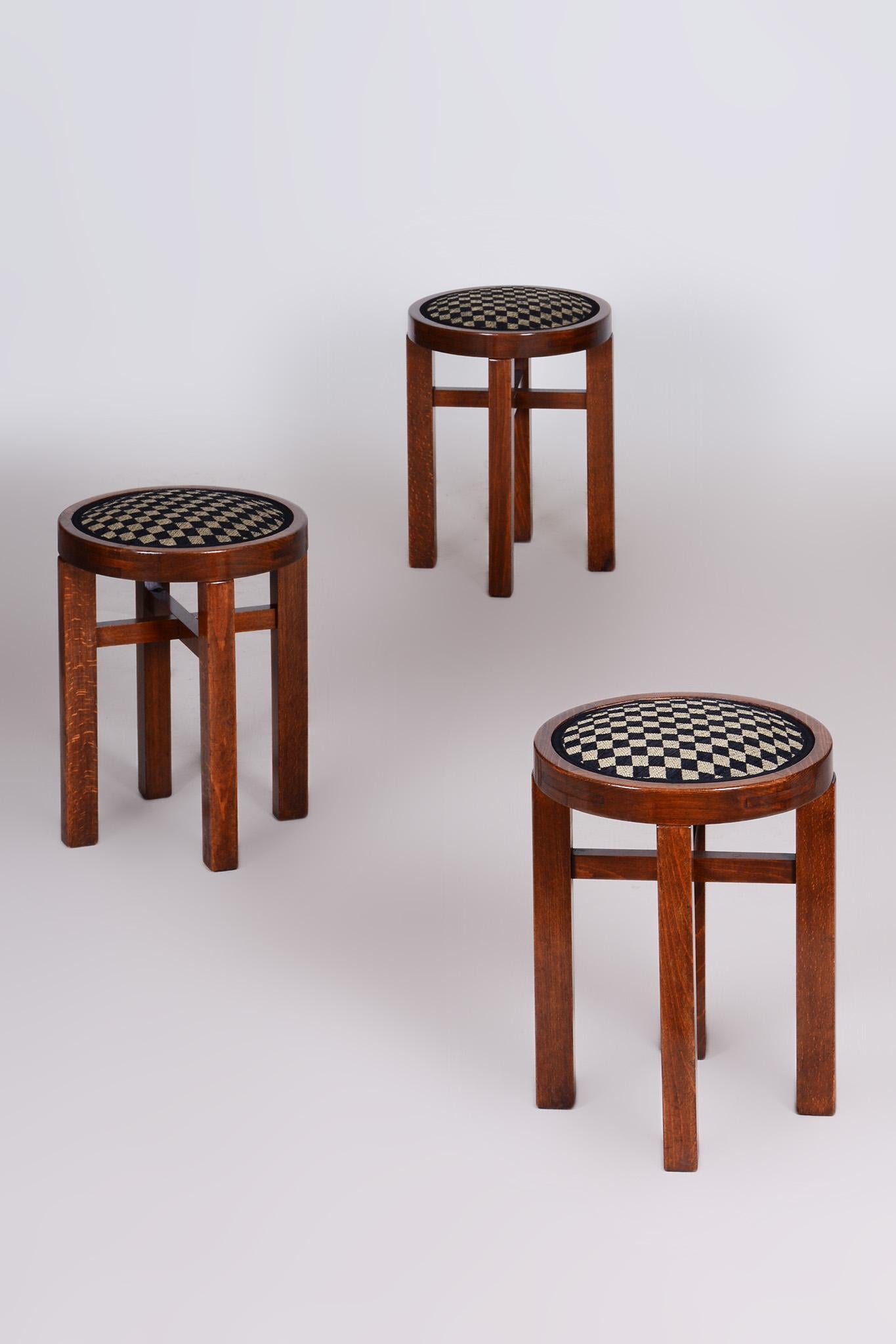 Fabric Set of 3 ArtDeco Foot Stools Made in´20s Czechia, New upholstery, Revived polish For Sale