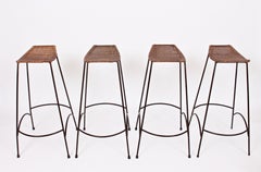Set of 4 Arthur Umanoff Style Steel & Rattan Stacking Bar Stools, C. 1970