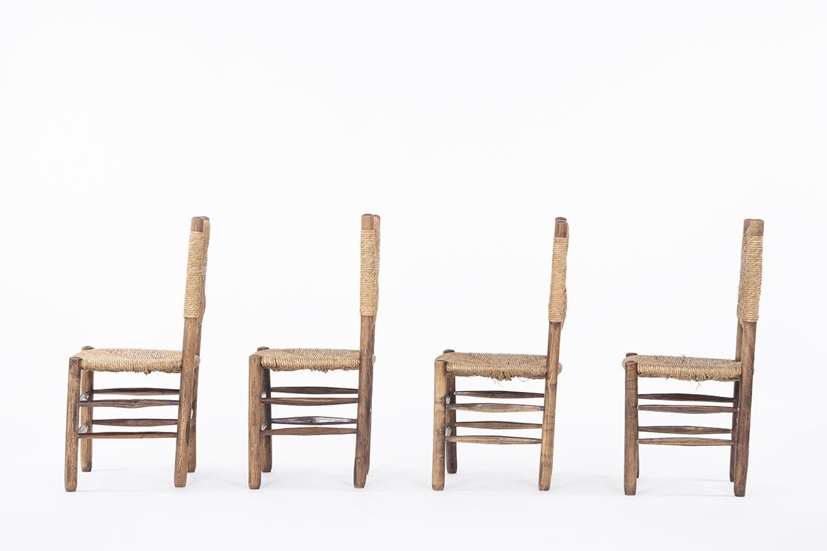 French Set of 4 Ash and Straw Chairs from 1950