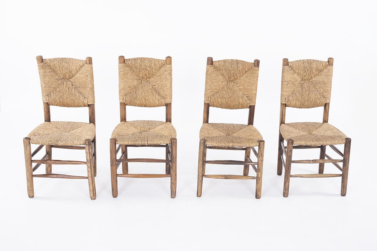 20th Century Set of 4 Ash and Straw Chairs from 1950