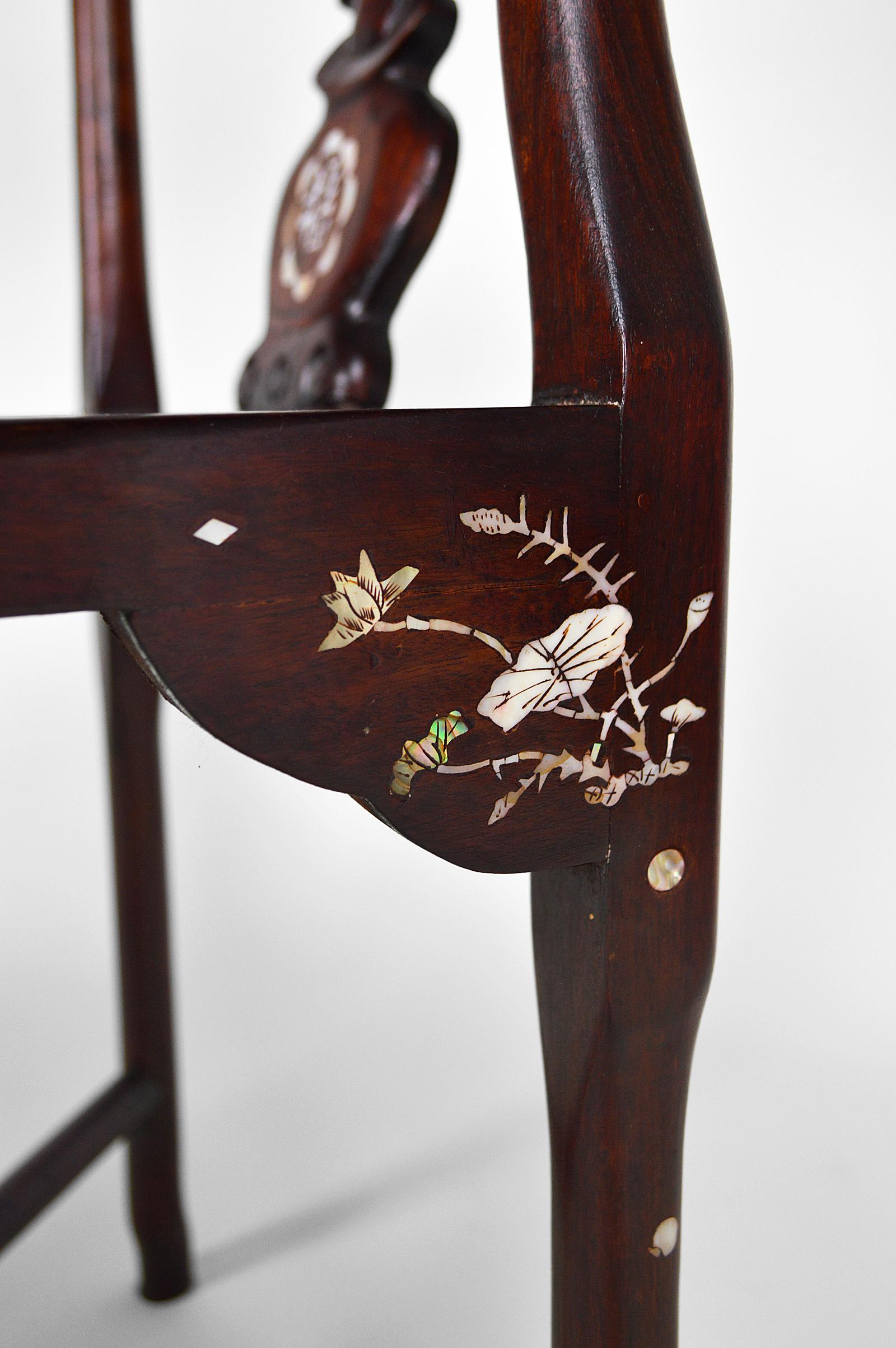 Set of 4 Asian Armchairs in Carved and Inlaid Wood, circa 1900-1920 For Sale 9