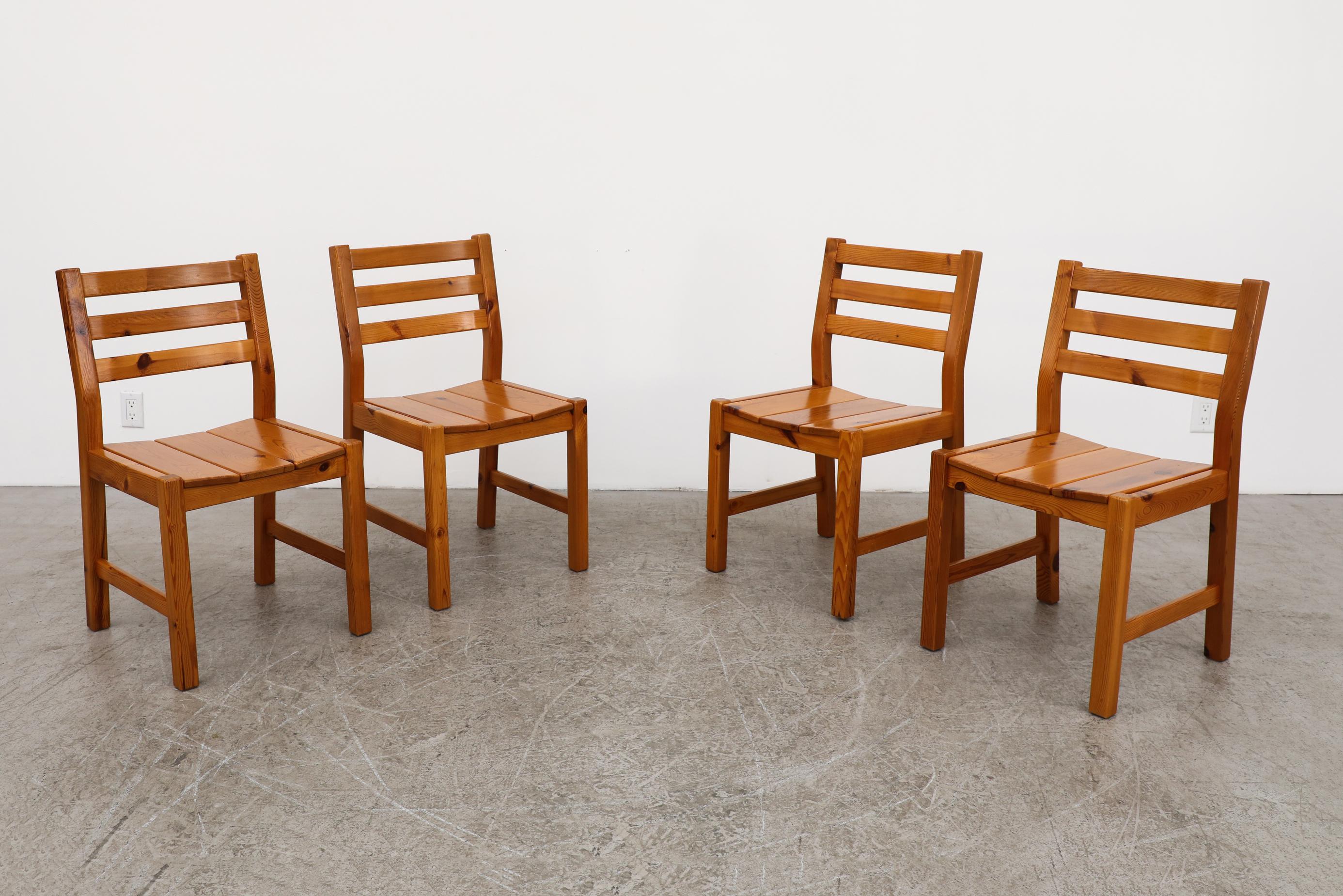 Mid-Century Modern Set of 4 Ate van Apeldoorn Style Ladder Back, Slatted 1970's Pine Dining Chairs For Sale