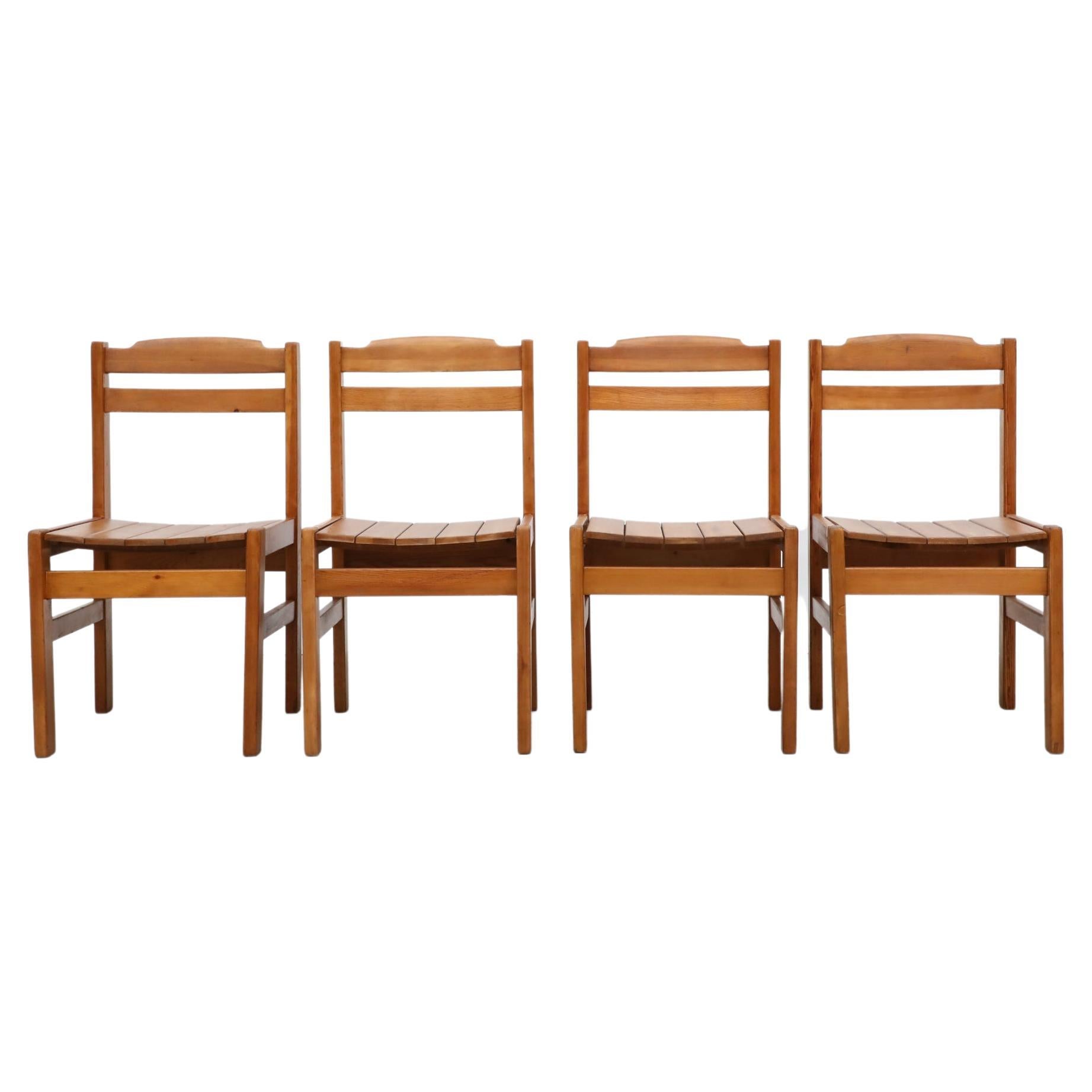 Set of 4 Ate van Apeldoorn Style Slatted Pine Dining Chairs with Lovely Top Rail