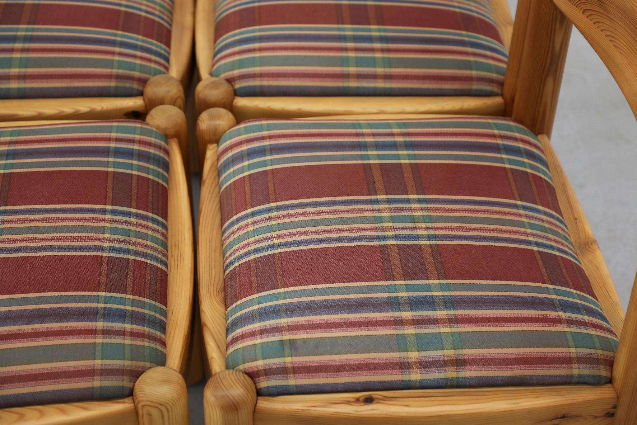 Set di 4 sedie da pranzo in legno di pino in stile Ate van Apeldoorn con sedute originali in plaid in vendita 7