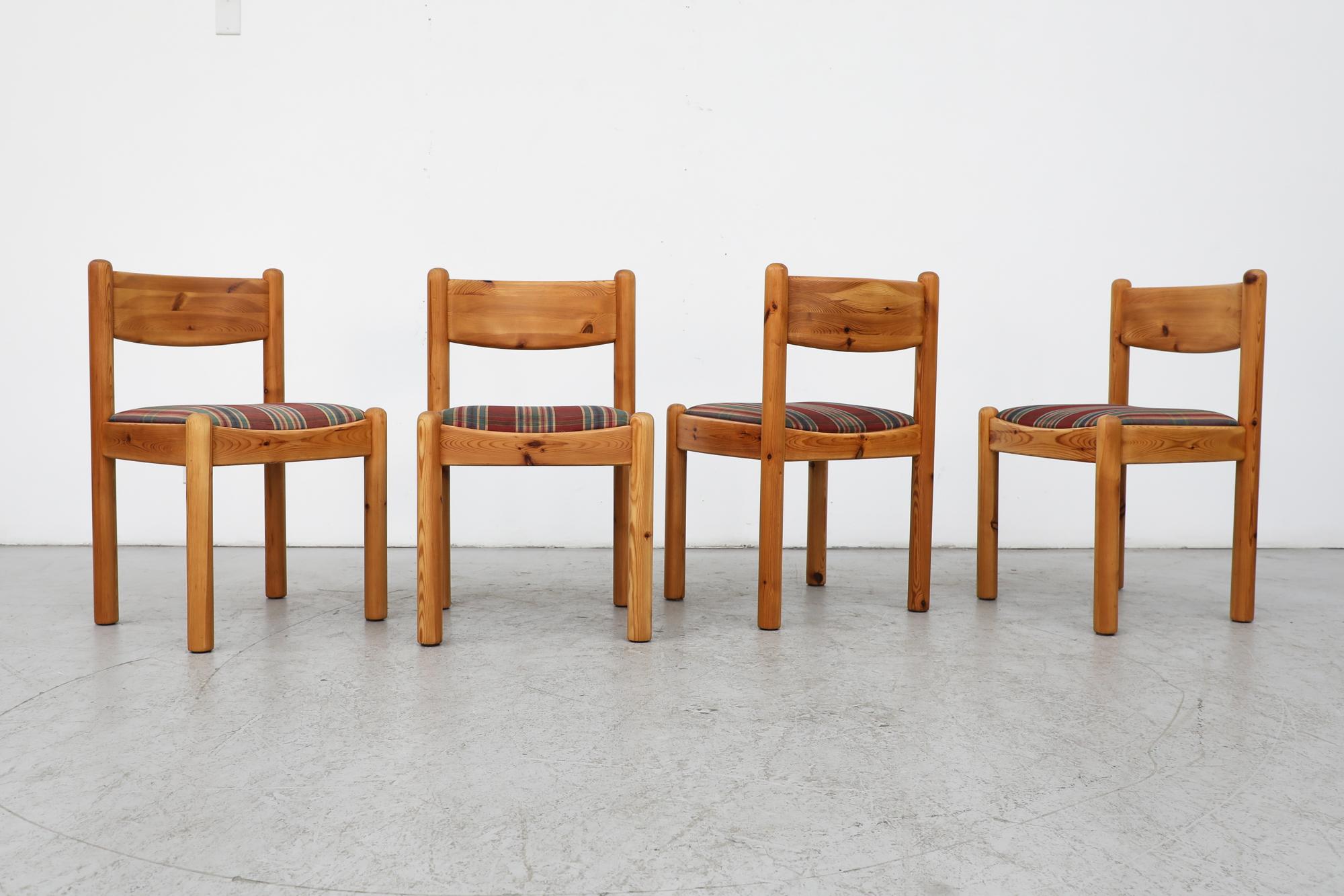 Set of 4 Ate van Apeldoorn Style Pine Dining Chairs w/ Round Legs & Plaid Seats For Sale 4