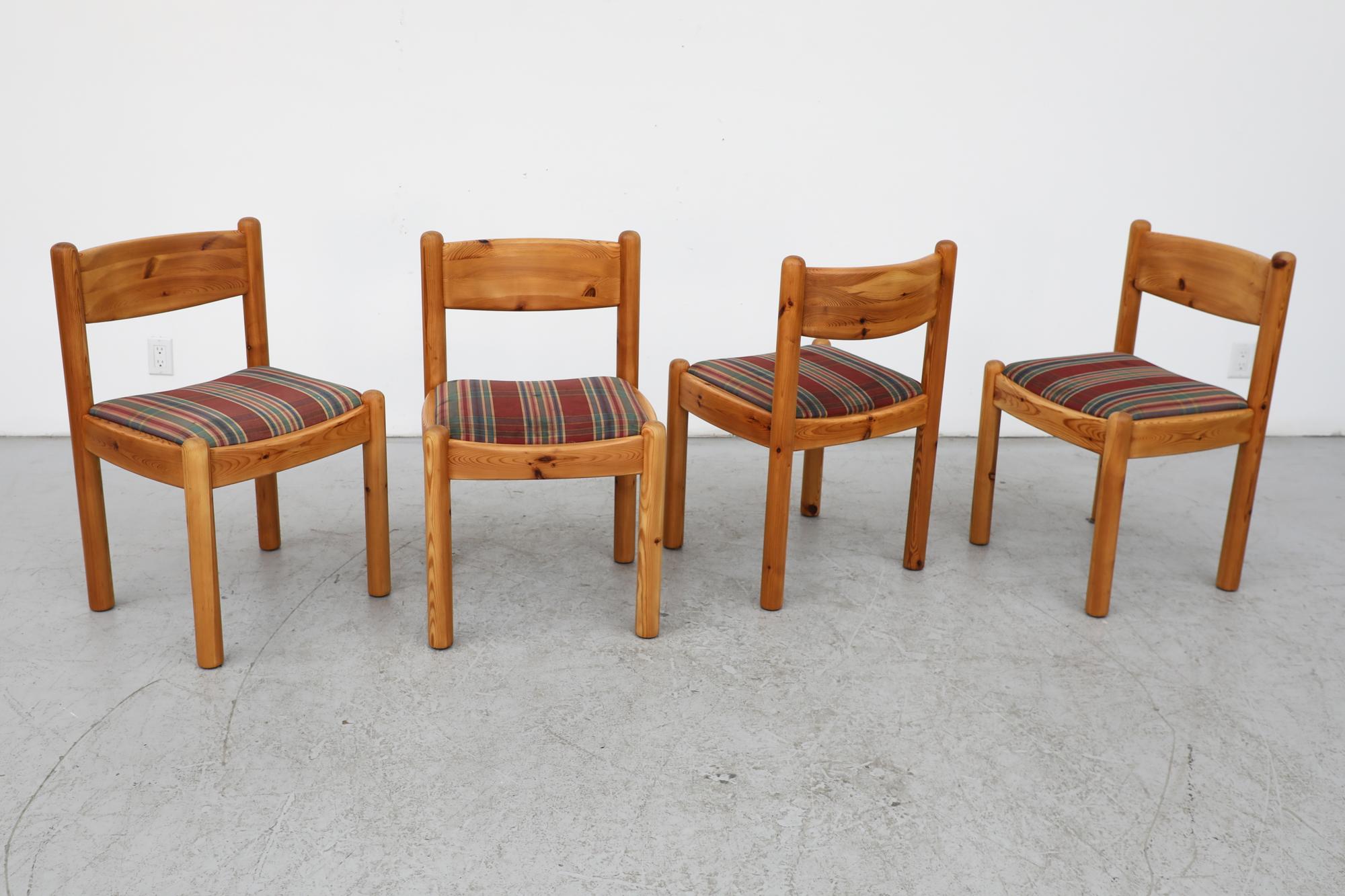 Set of 4 Ate van Apeldoorn Style Pine Dining Chairs w/ Round Legs & Plaid Seats For Sale 5