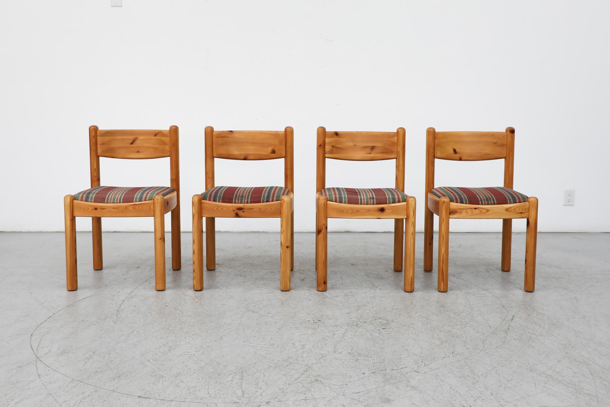 Set of 4, mid century, 1960s Ate van Apeldoorn style Pine dining chairs with handsome, plaid upholstered seats. Made in The Netherlands. These chairs are in original condition with some visible wear and scratching consistent with their age and use.