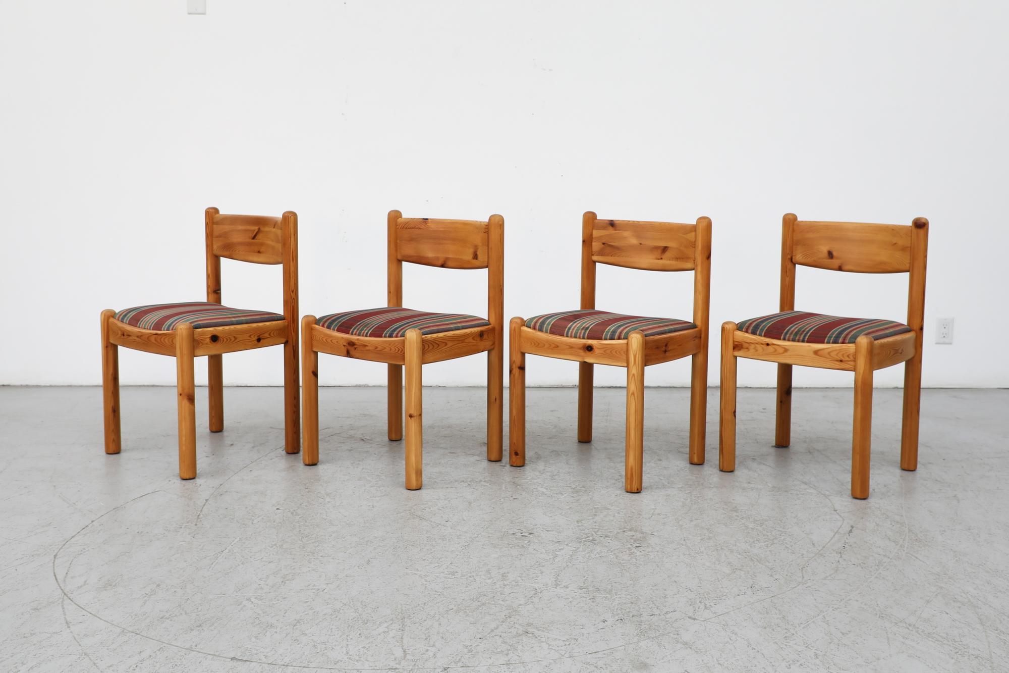 Mid-Century Modern Set of 4 Ate van Apeldoorn Style Pine Dining Chairs w/ Round Legs & Plaid Seats For Sale