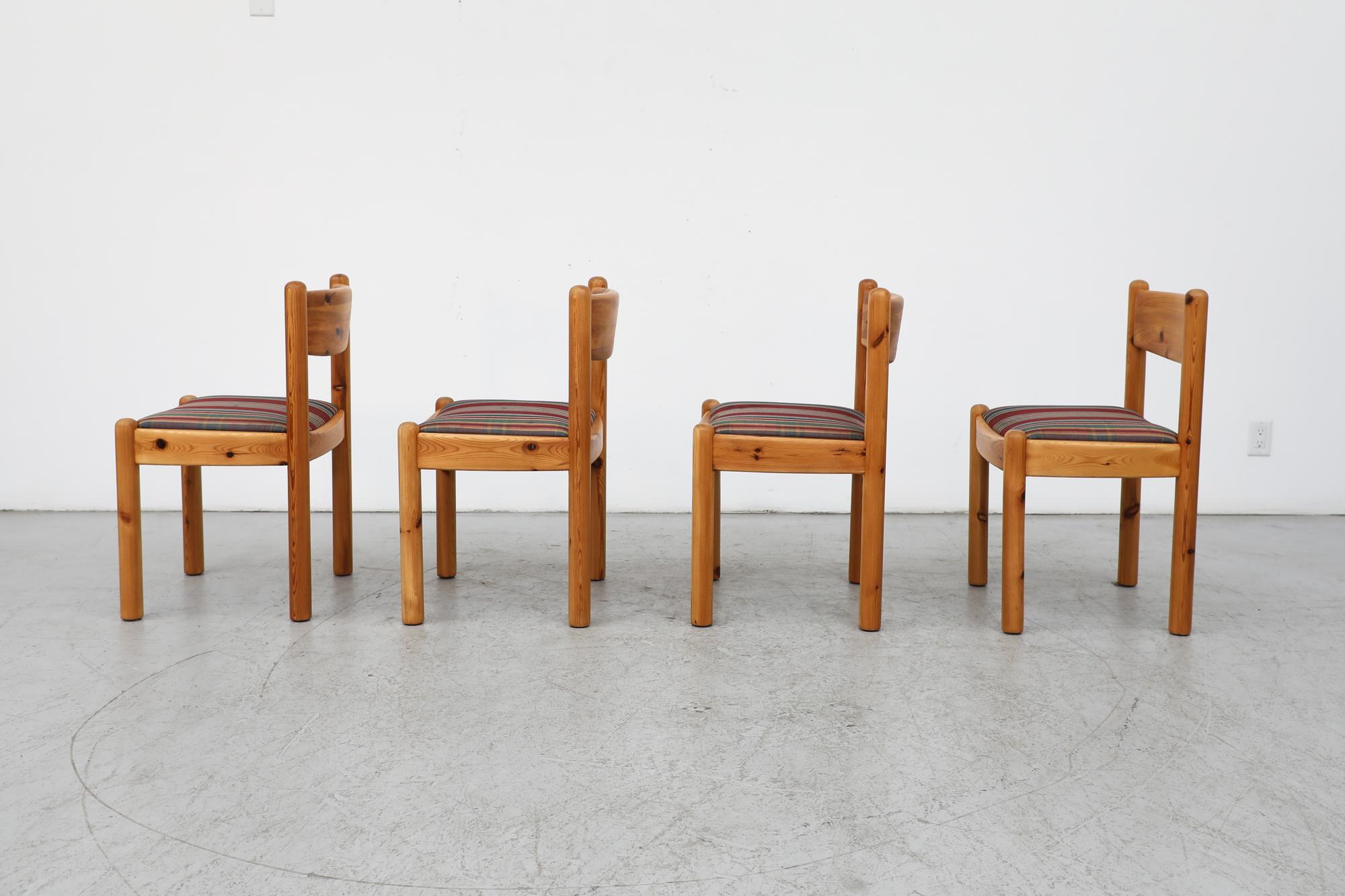 Dutch Set of 4 Ate van Apeldoorn Style Pine Dining Chairs w/ Round Legs & Plaid Seats For Sale