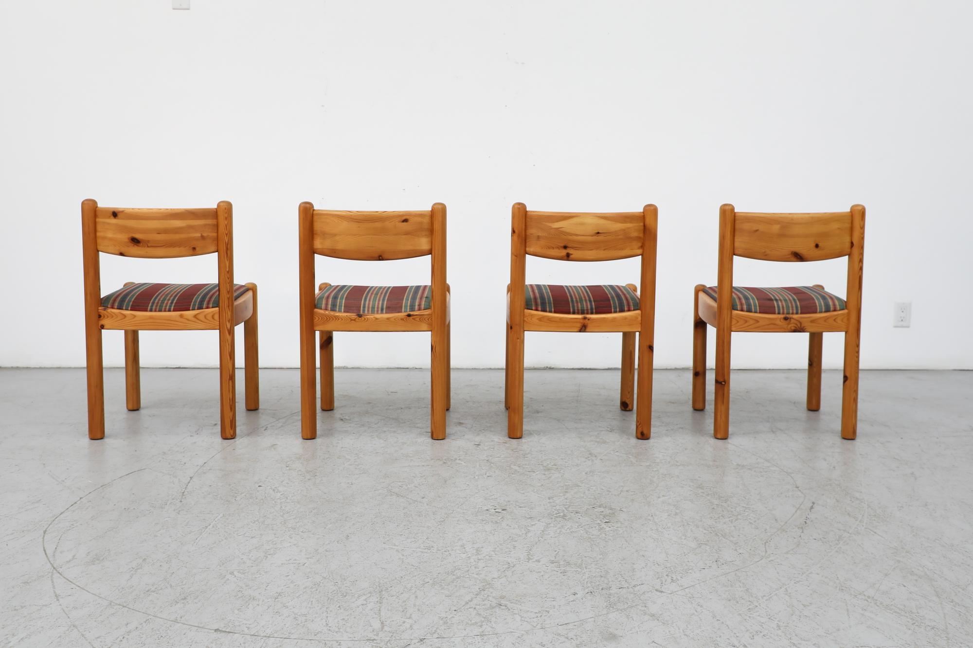 Mid-20th Century Set of 4 Ate van Apeldoorn Style Pine Dining Chairs w/ Round Legs & Plaid Seats For Sale