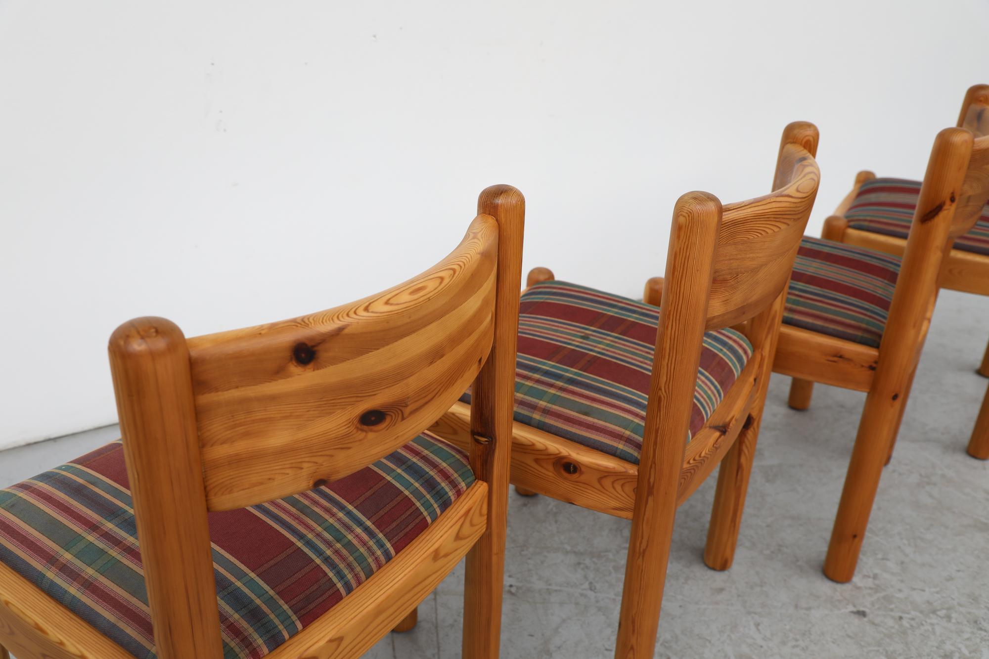 Upholstery Set of 4 Ate van Apeldoorn Style Pine Dining Chairs w/ Round Legs & Plaid Seats For Sale