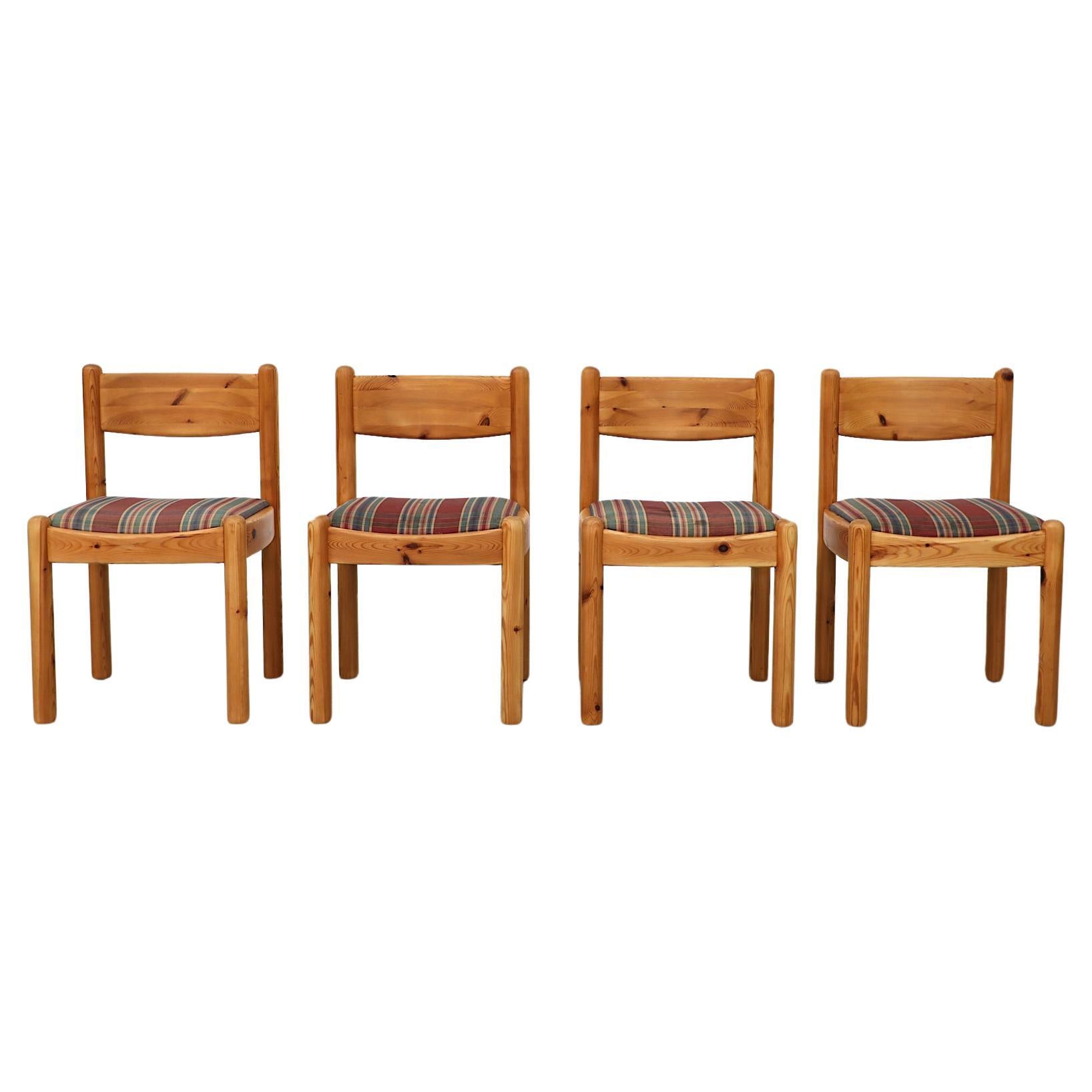 Set of 4 Ate van Apeldoorn Style Pine Dining Chairs w/ Round Legs & Plaid Seats