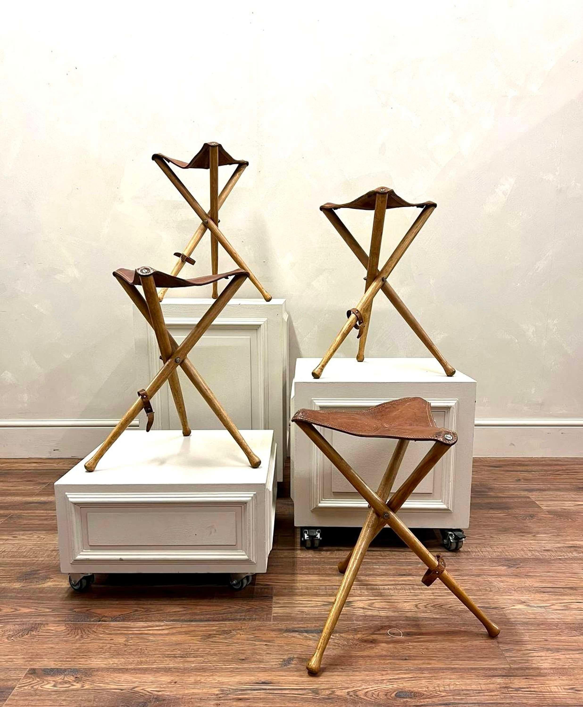 Set of 4, Attractive Beech and Tan Leather Shoot Stools 1