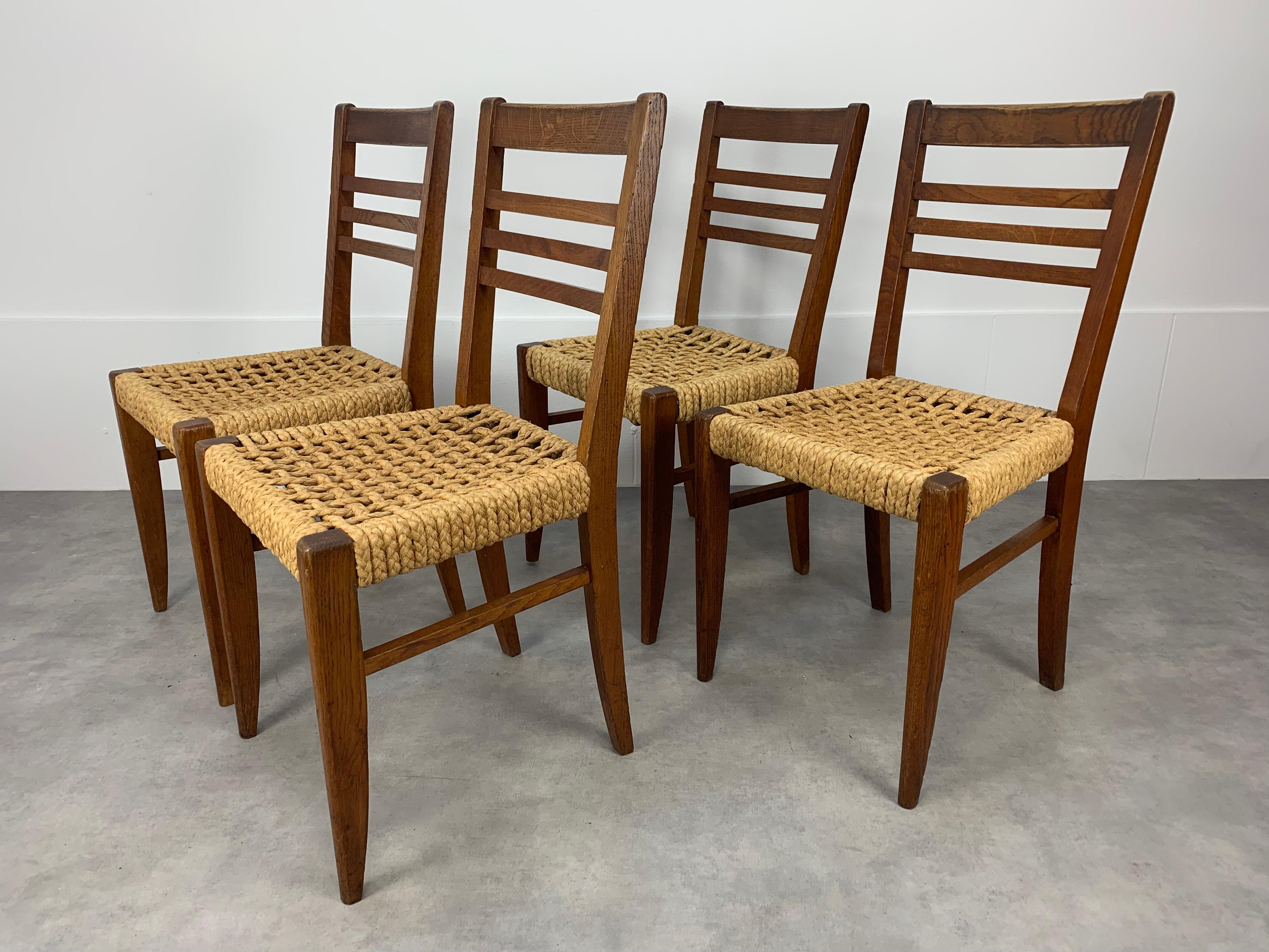 Mid-Century Modern Set of 4 Audoux Minet rope chairs for Vibo Vesoul  For Sale