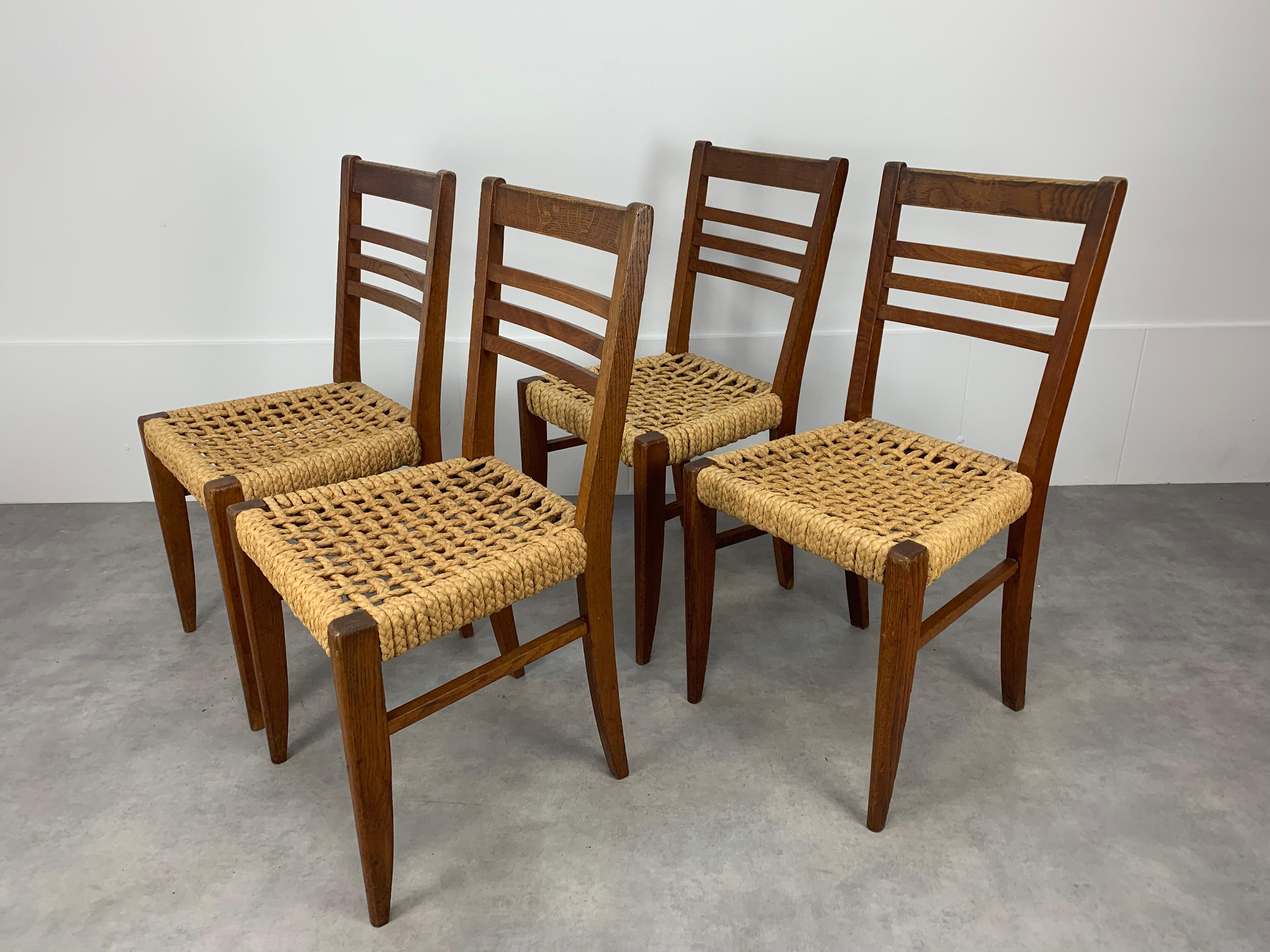 French Set of 4 Audoux Minet rope chairs for Vibo Vesoul  For Sale