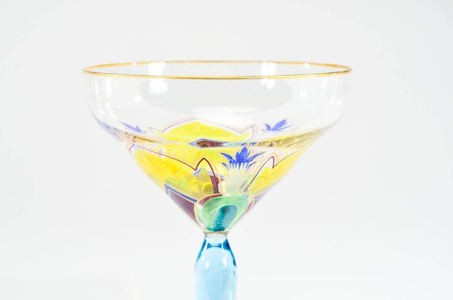 Blown Glass Set of 4 Austrian Art Nouveau Champagne Coupes with Transparent Enamel