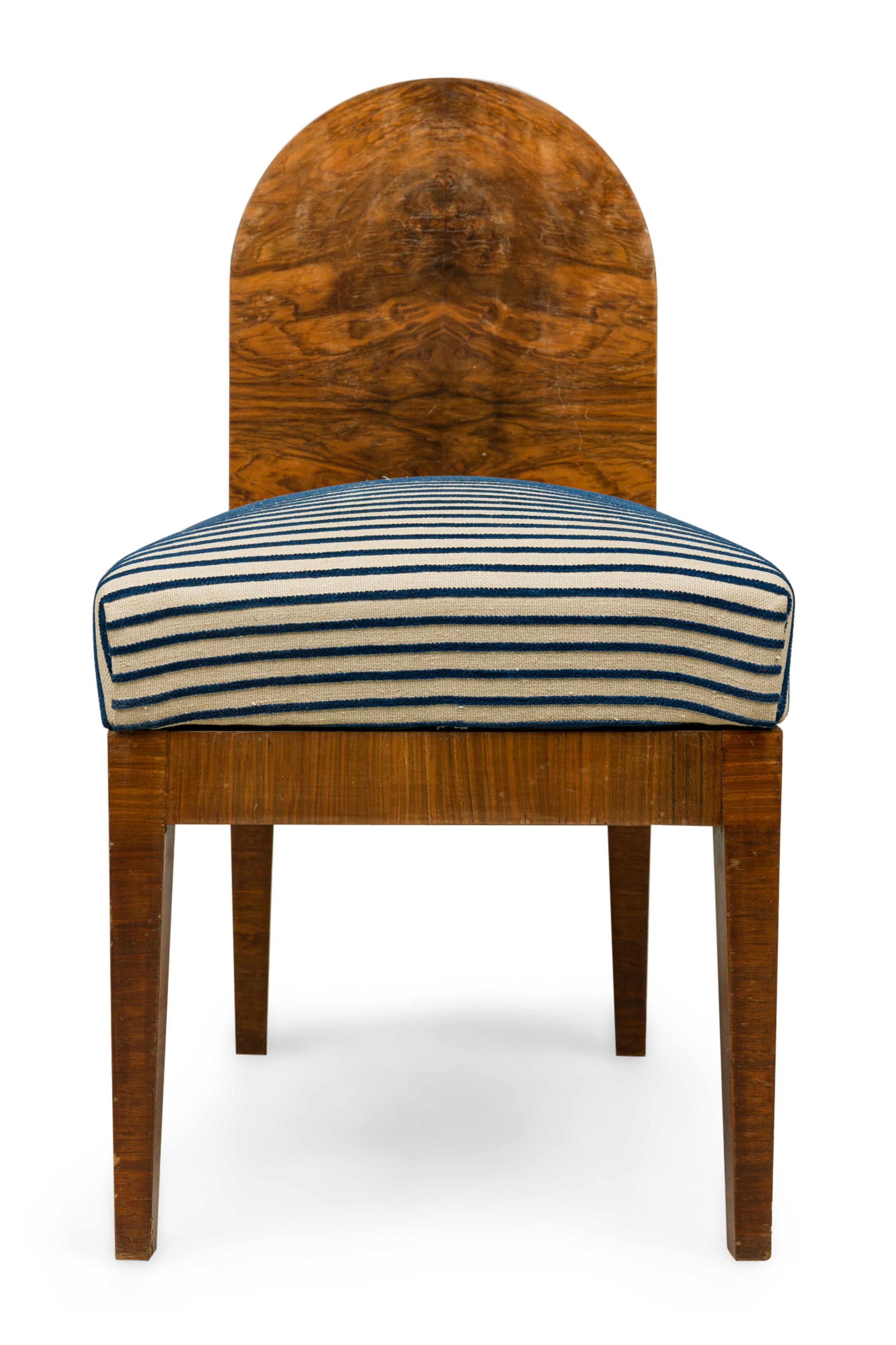 SET of 4 Austrian Biedermeier-style chairs with burl wood veneer spoon backs and angled slip seat cushions upholstered in a blue and white striped fabric. (PRICED AS SET)
 

 Minor wear to finish
