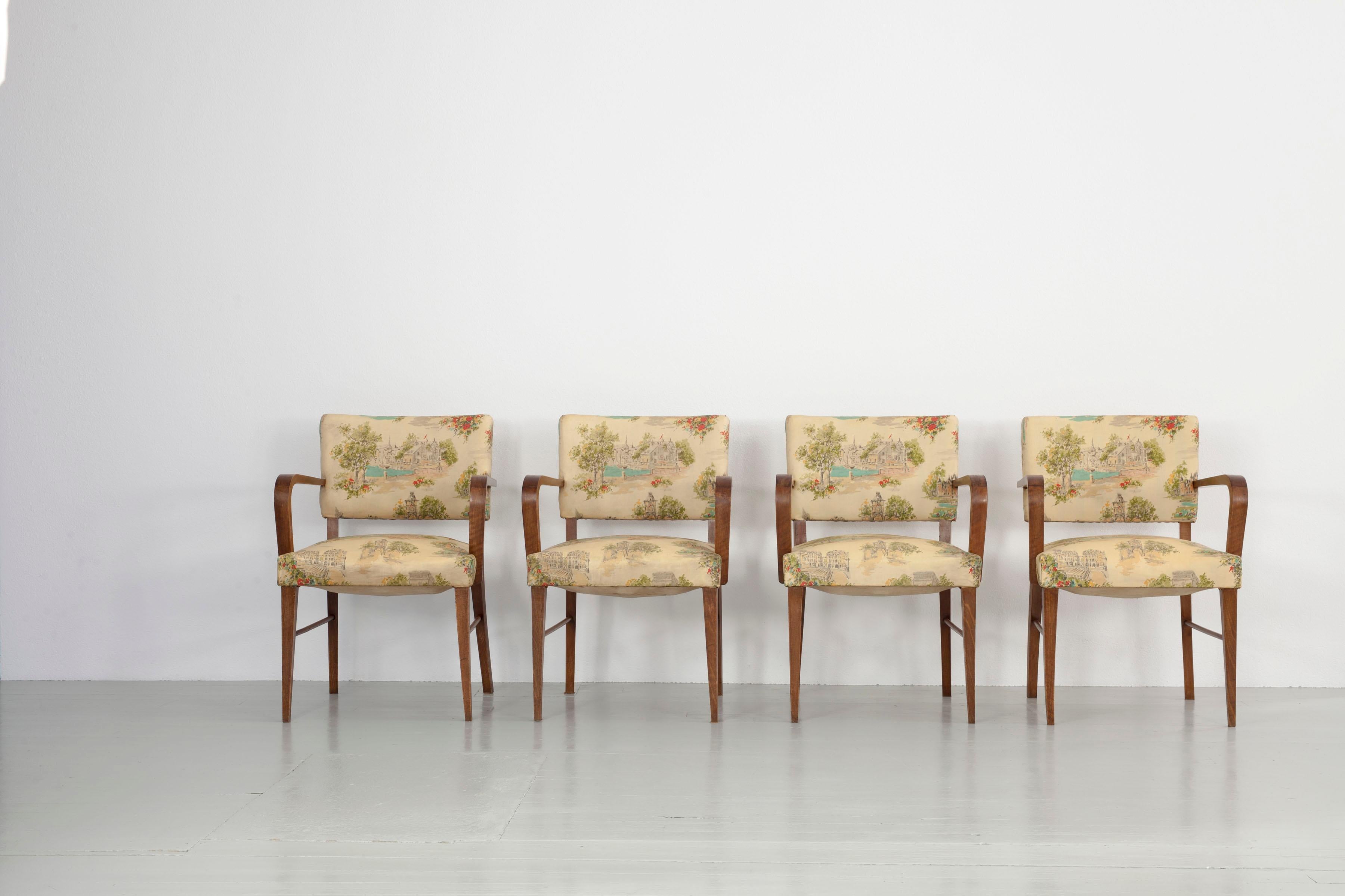 Painted Set of 4 Italian Authentic Armchairs, Chintz Cover and Landscape Scenery, 1930s For Sale