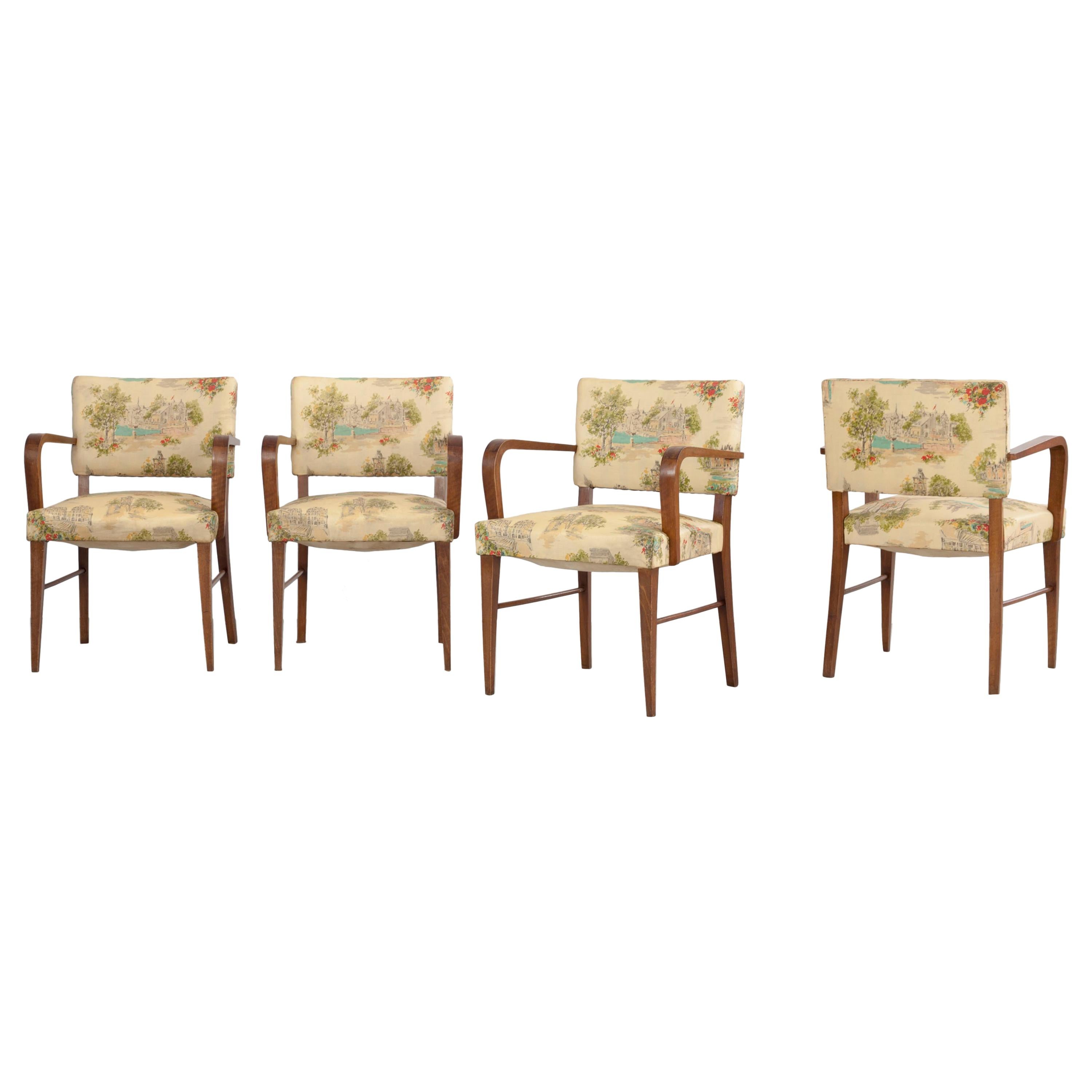 Set of 4 Italian Authentic Armchairs, Chintz Cover and Landscape Scenery, 1930s For Sale