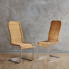 Set of 4 'B 25' Wicker + Chrome Cantilever Dining Chairs by Tecta, Germany 1980s