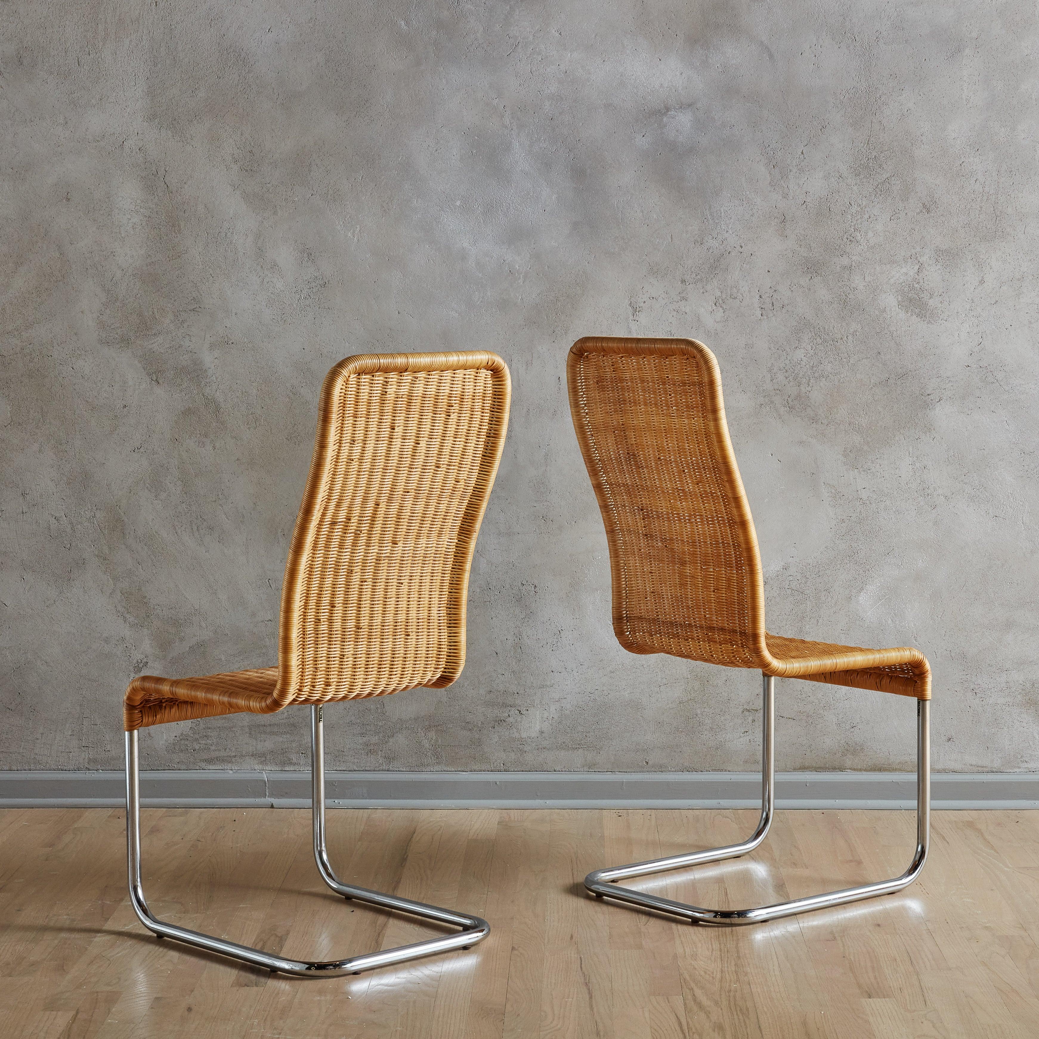 Mid-Century moderno Set di 4 sedie da pranzo a sbalzo 'B 25' in vimini e cromo di Tecta, Germania anni '80 in vendita