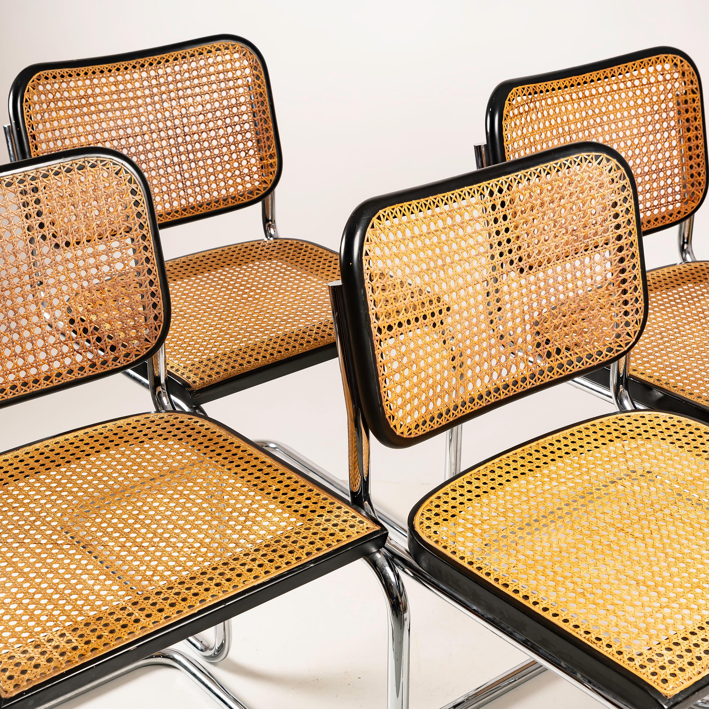 Elevate your dining experience with the iconic Set of 4 B32 Cesca chairs, designed by the visionary Marcel Breuer for Gavina. Renowned as a masterpiece of modern design, these chairs epitomize the Bauhaus movement's principles of form following