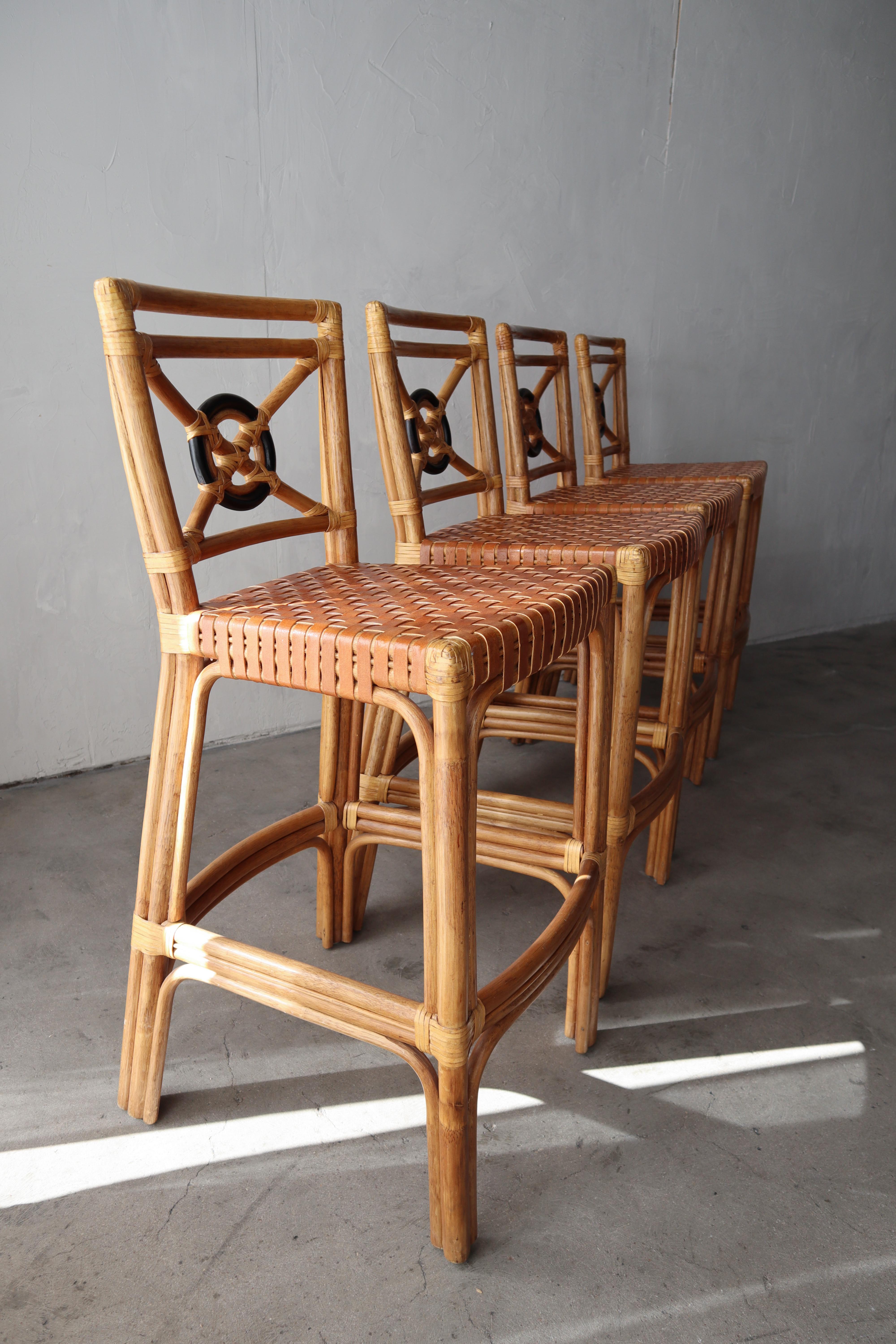 Organic Modern Set of 4 Bamboo and Leather Barstools