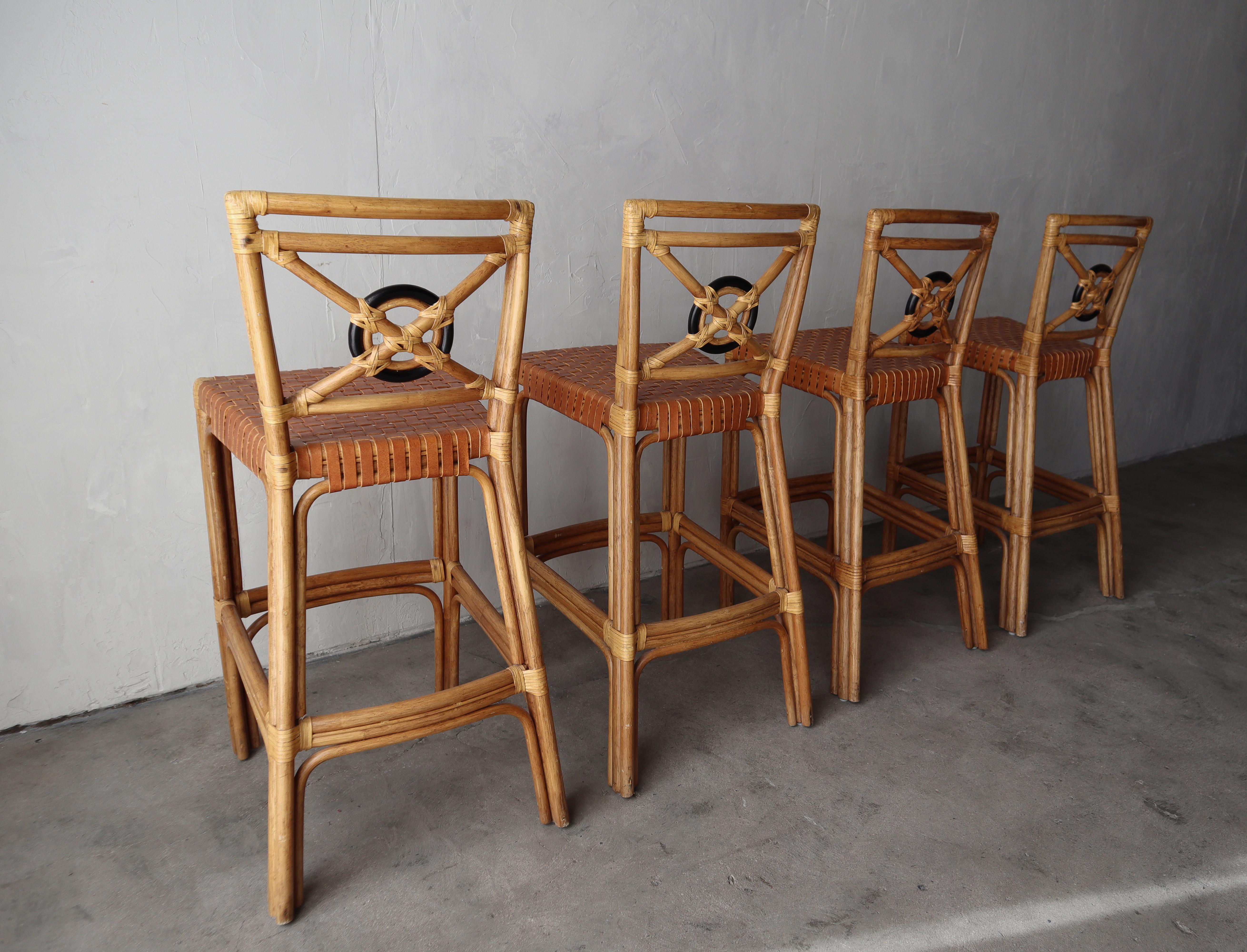 20th Century Set of 4 Bamboo and Leather Barstools