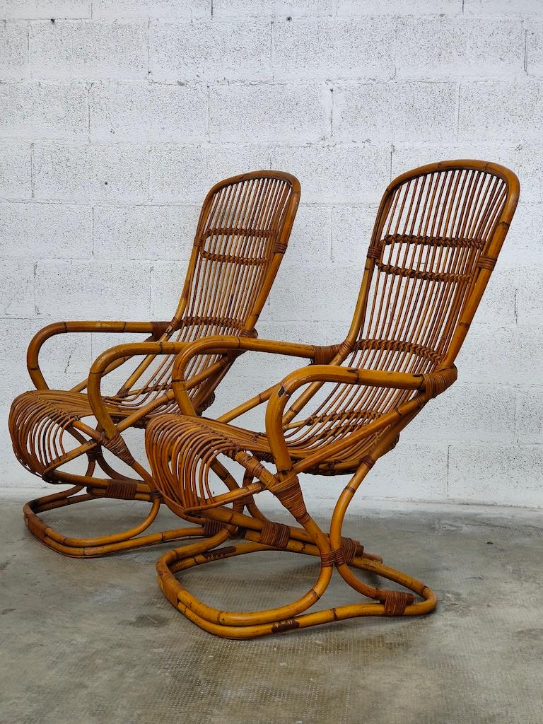 Mid-Century Modern Set of 4 rattan armchairs and a coffee table by Tito Agnoli for Bonacina - Italy For Sale
