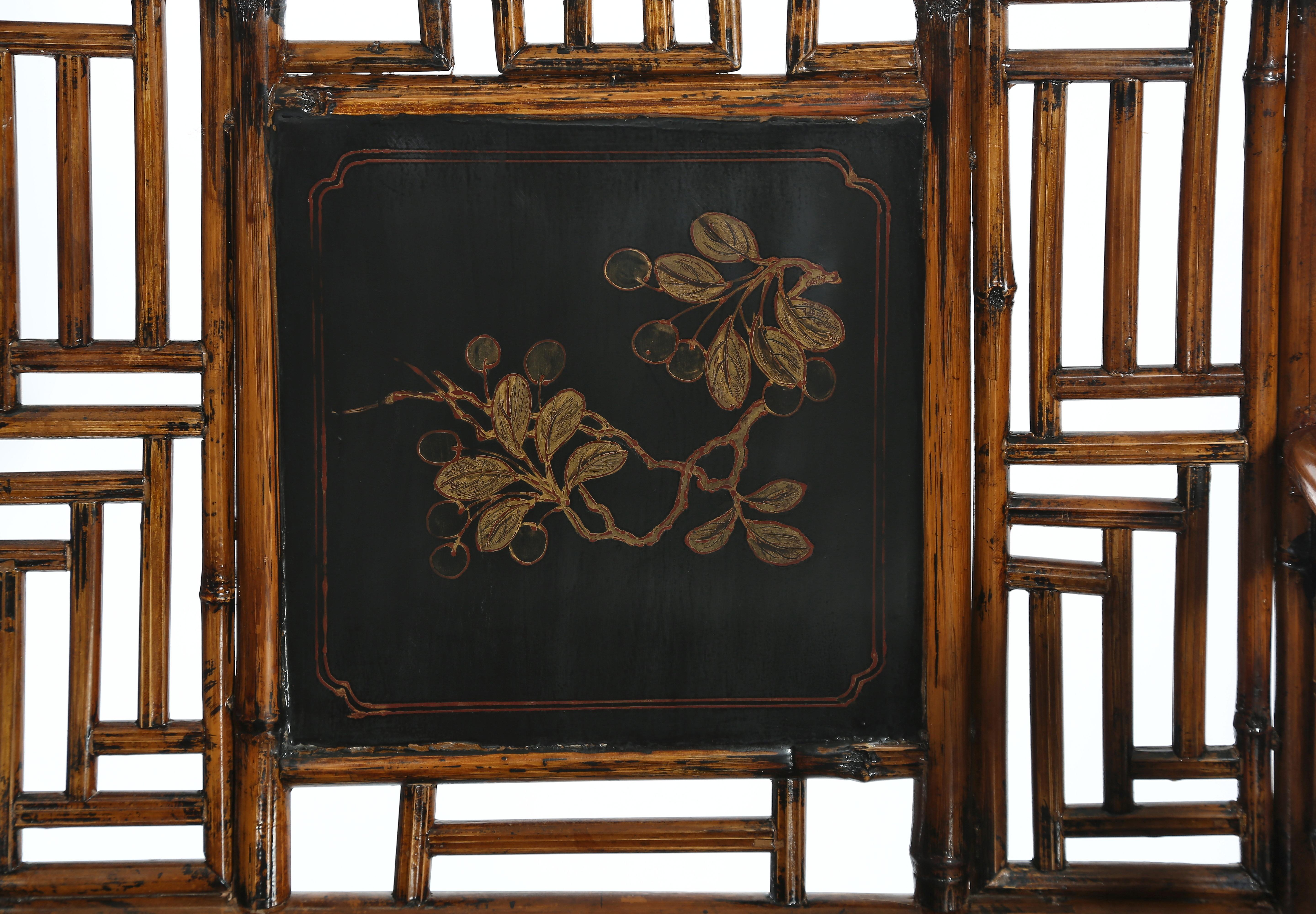 Set of 4 Bamboo Armchairs with Gilt Floral Painting on Black Lacquer Back 8