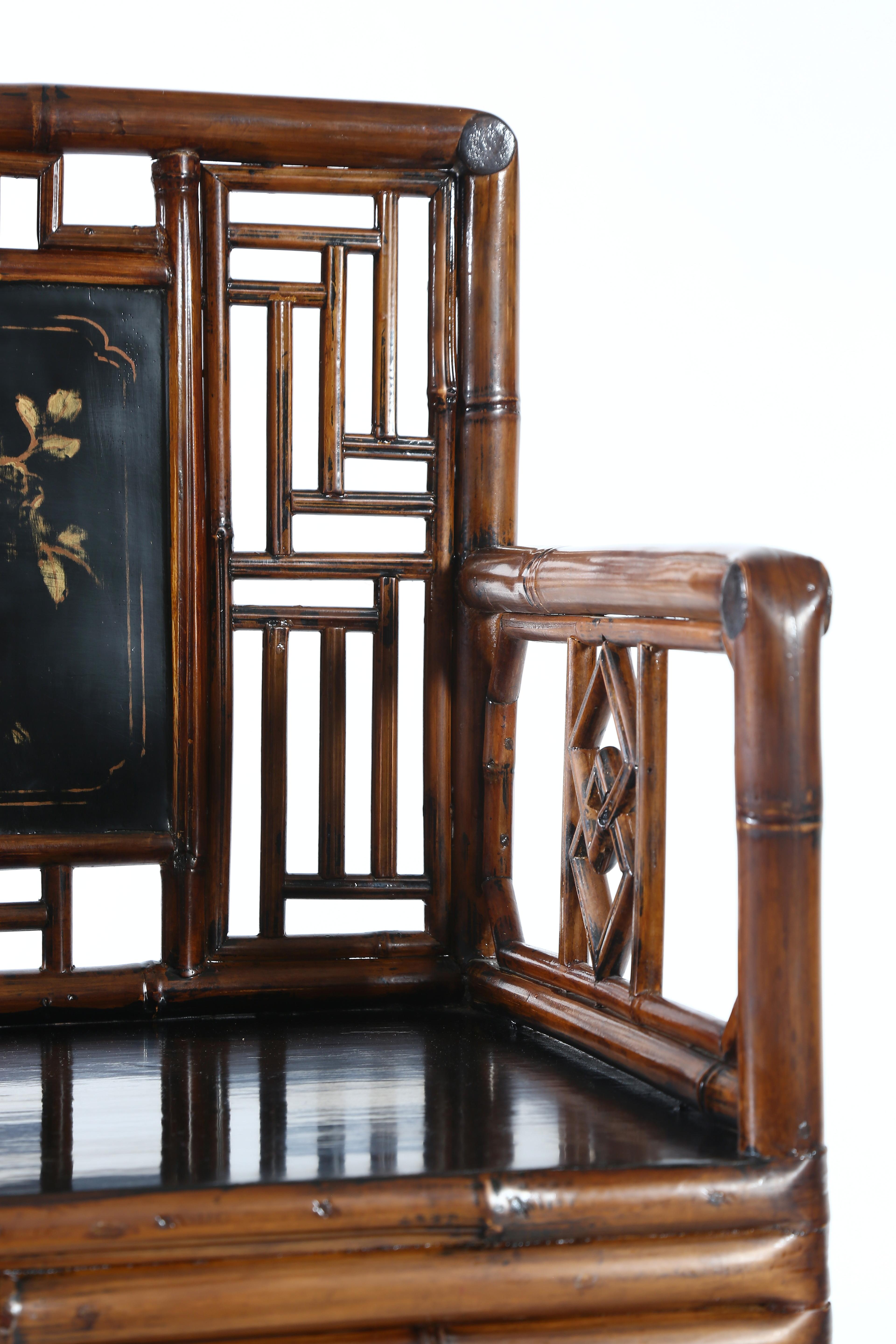 Set of 4 Bamboo Armchairs with Gilt Floral Painting on Black Lacquer Back 10