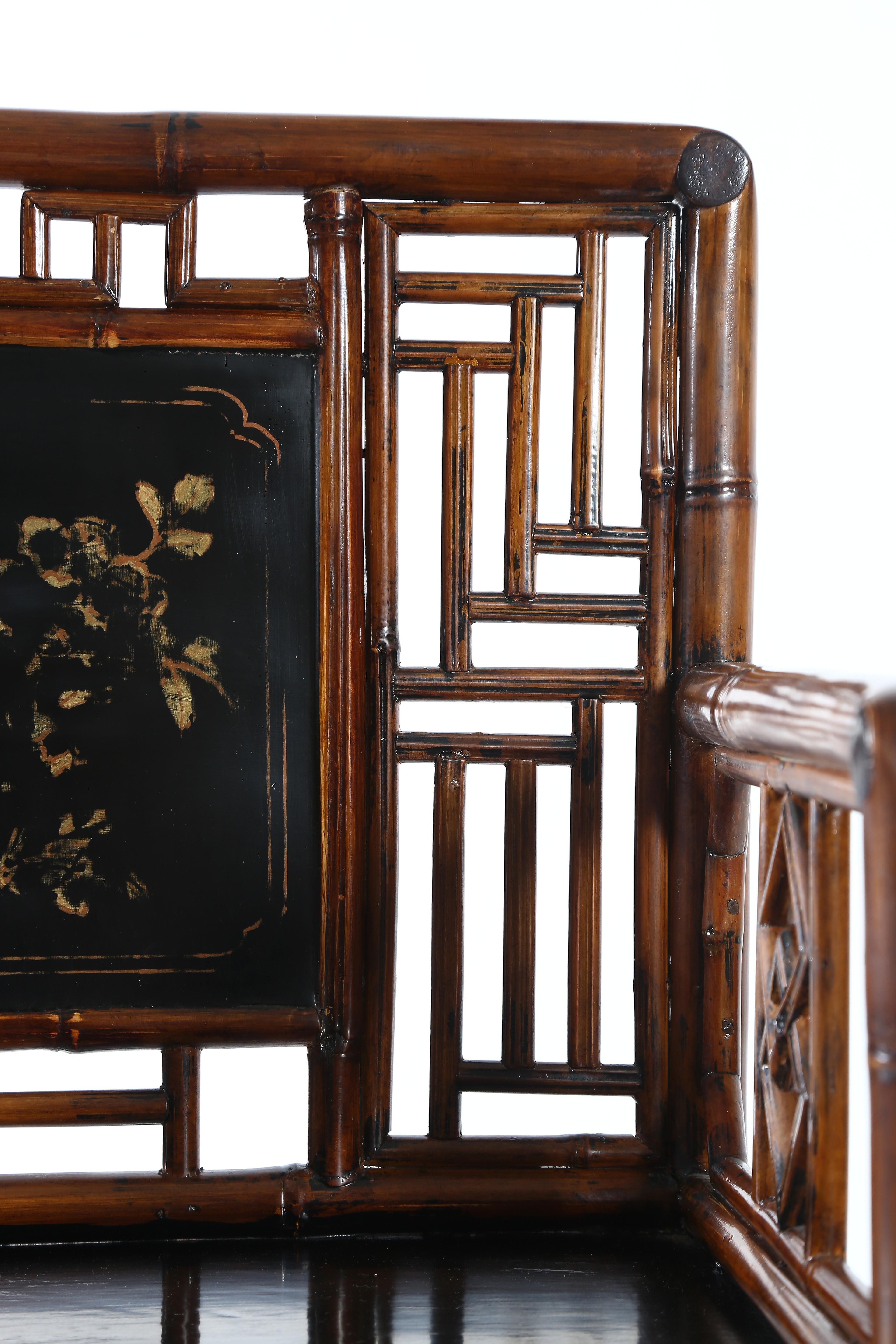 Set of 4 Bamboo Armchairs with Gilt Floral Painting on Black Lacquer Back 13