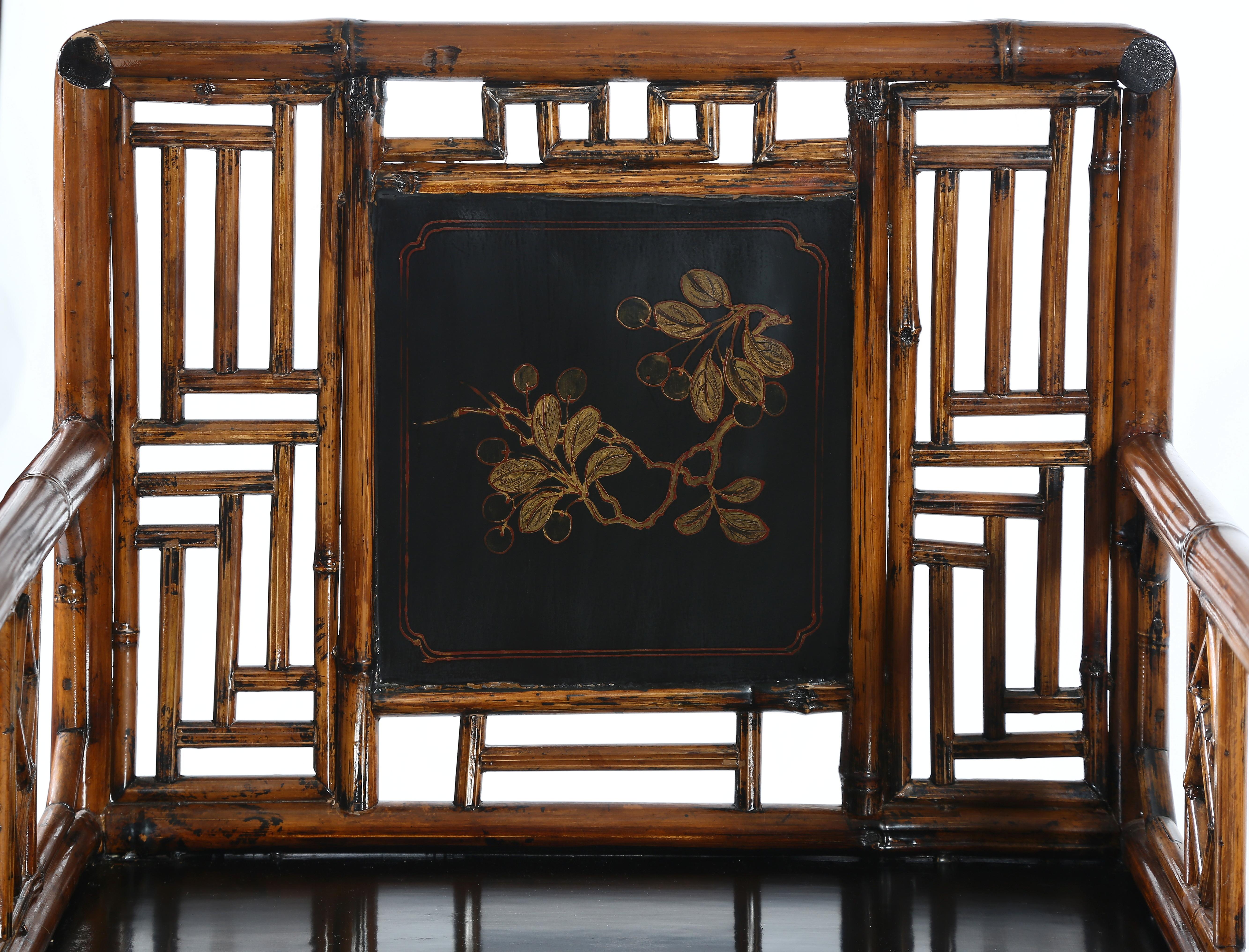 Chinese Set of 4 Bamboo Armchairs with Gilt Floral Painting on Black Lacquer Back