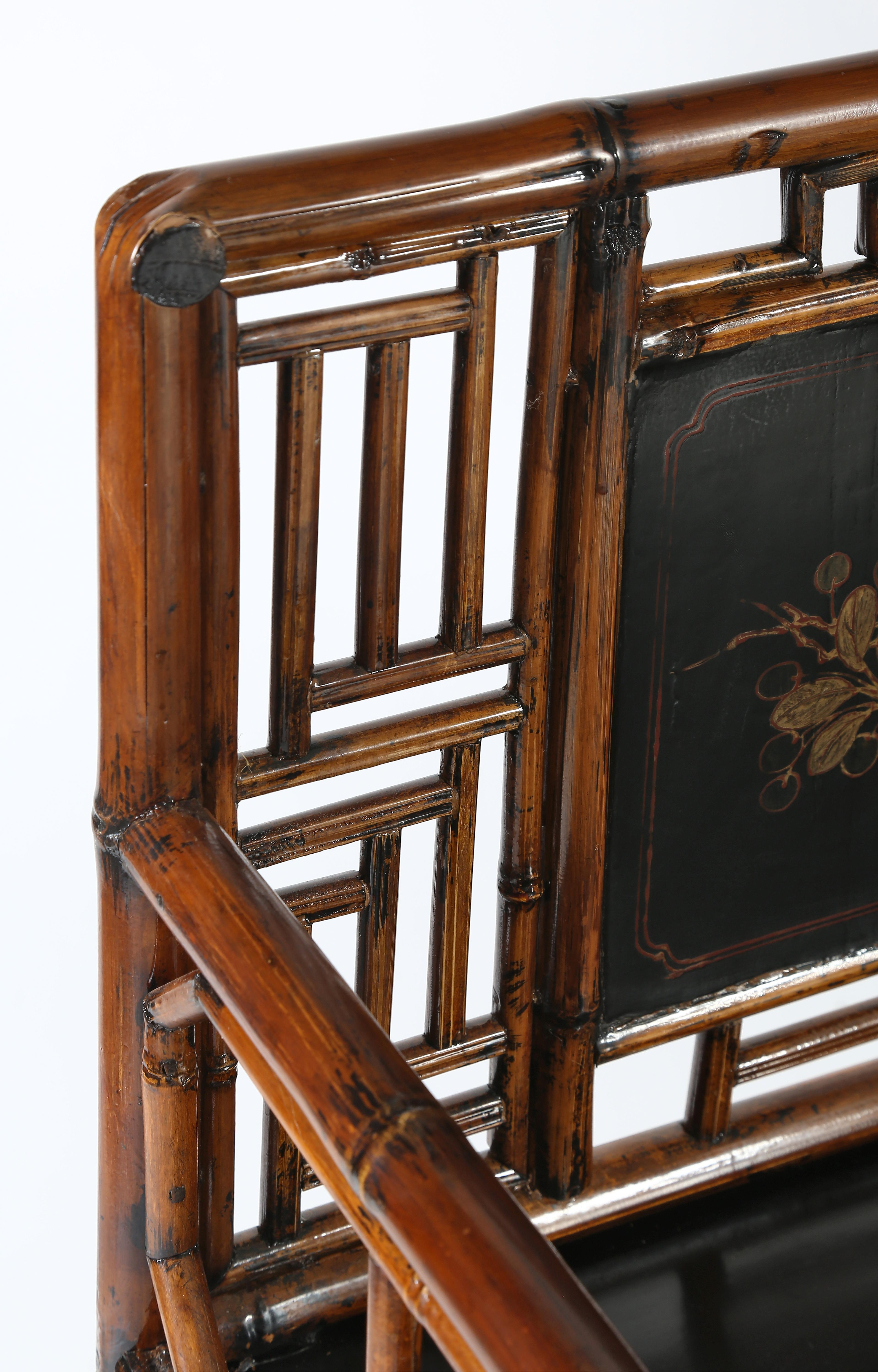 Hand-Crafted Set of 4 Bamboo Armchairs with Gilt Floral Painting on Black Lacquer Back