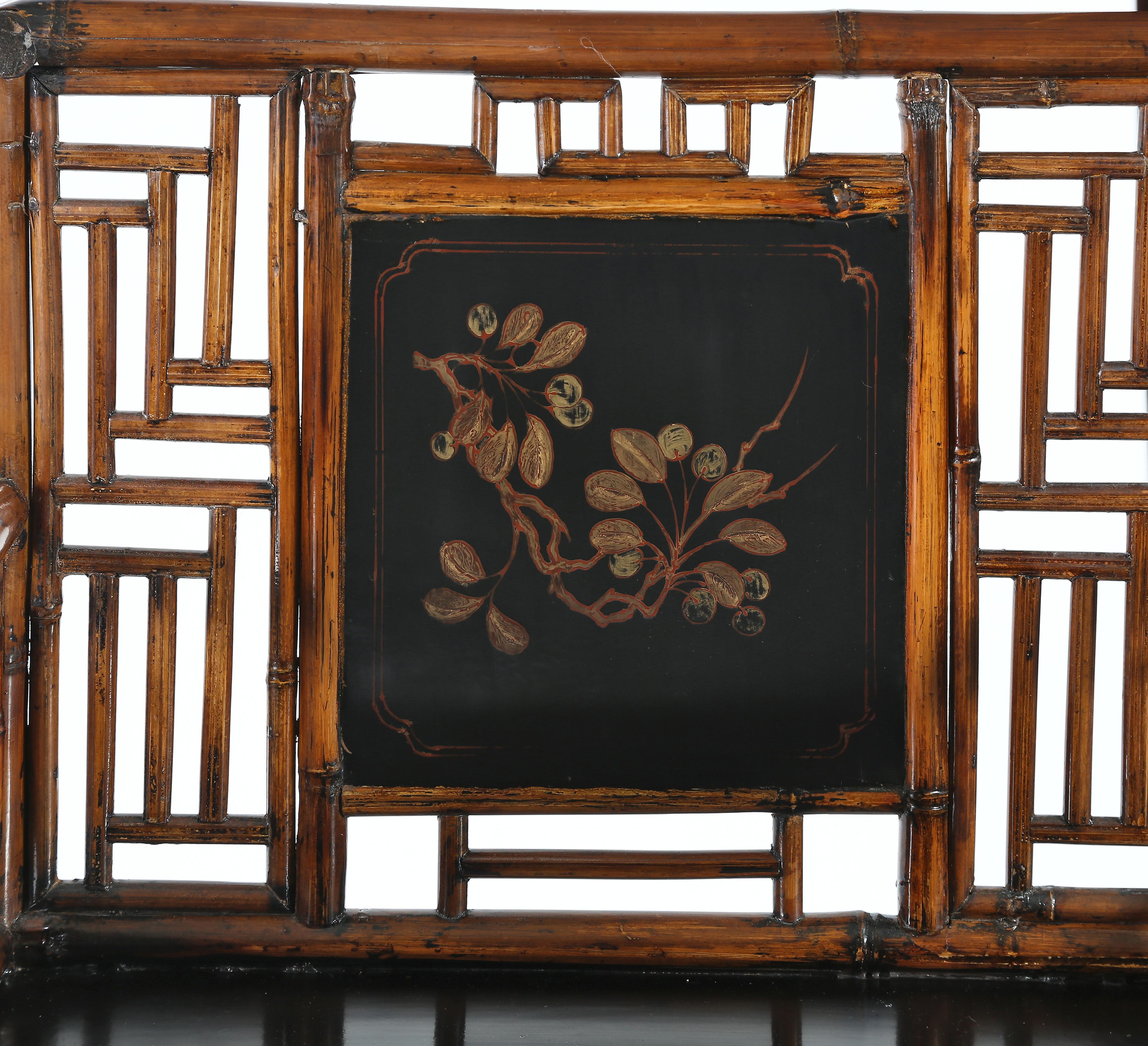 Set of 4 Bamboo Armchairs with Gilt Floral Painting on Black Lacquer Back In Good Condition In 10 Chater Road, HK