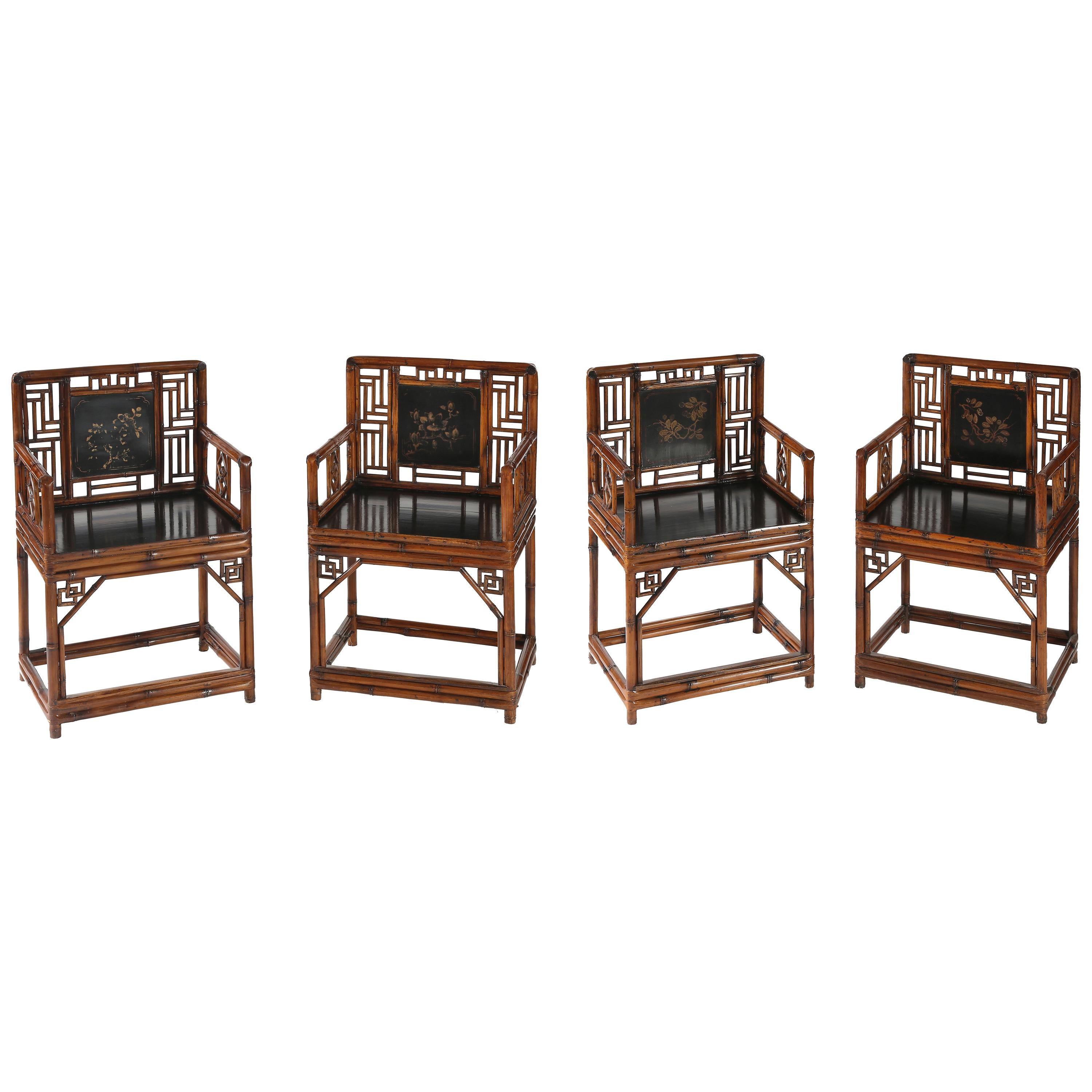 Set of 4 Bamboo Armchairs with Gilt Floral Painting on Black Lacquer Back
