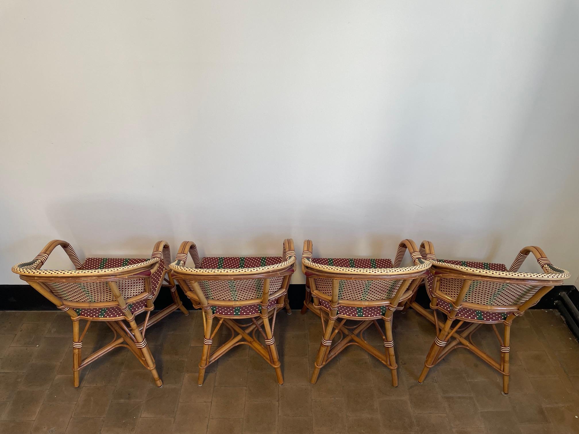 French Set of 4 Bamboo Chairs by Maison Louis Drucker in Ruby Red, Bottle Green, White For Sale