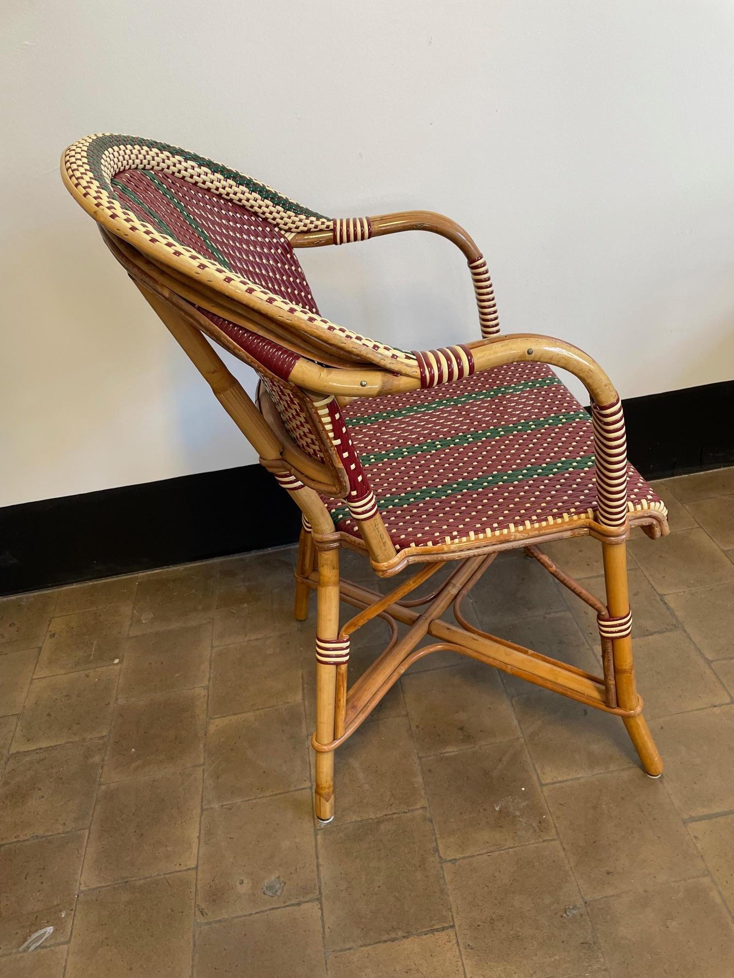 20th Century Set of 4 Bamboo Chairs by Maison Louis Drucker in Ruby Red, Bottle Green, White For Sale