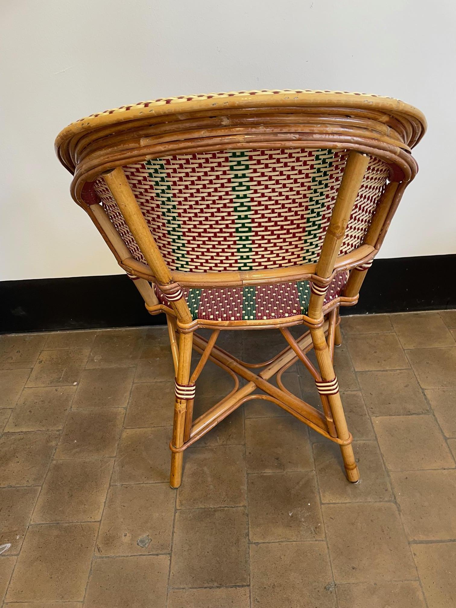 Rattan Set of 4 Bamboo Chairs by Maison Louis Drucker in Ruby Red, Bottle Green, White For Sale