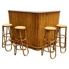 Mid-Century Modern Set of 4 Bamboo Stools and Bar, 1960s