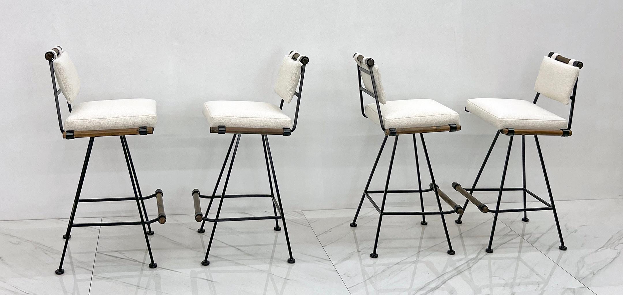 Lacquered Set of 4 Bar Stools in the Manner of Cleo Baldon in Oatmeal Belgian Boucle