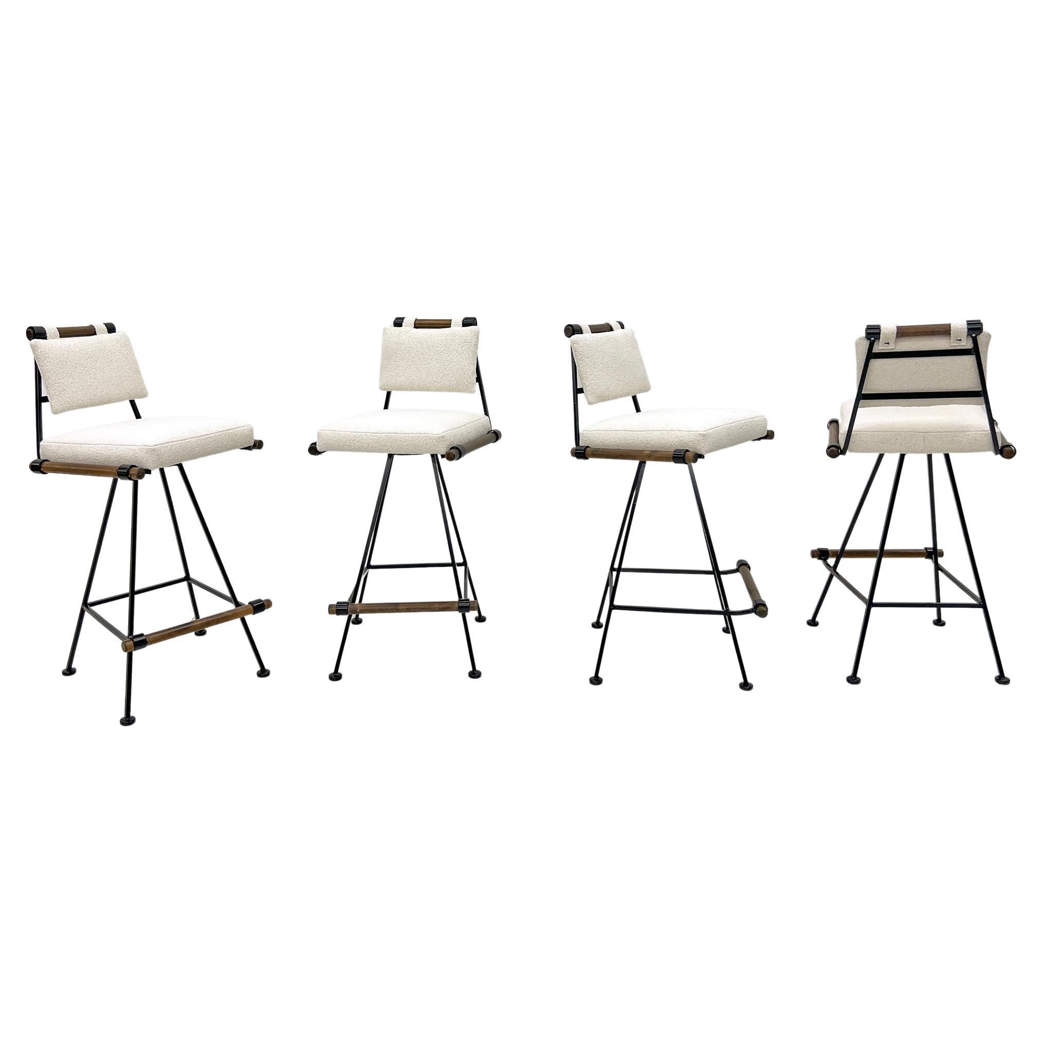 Set of 4 Bar Stools in the Manner of Cleo Baldon in Oatmeal Belgian Boucle